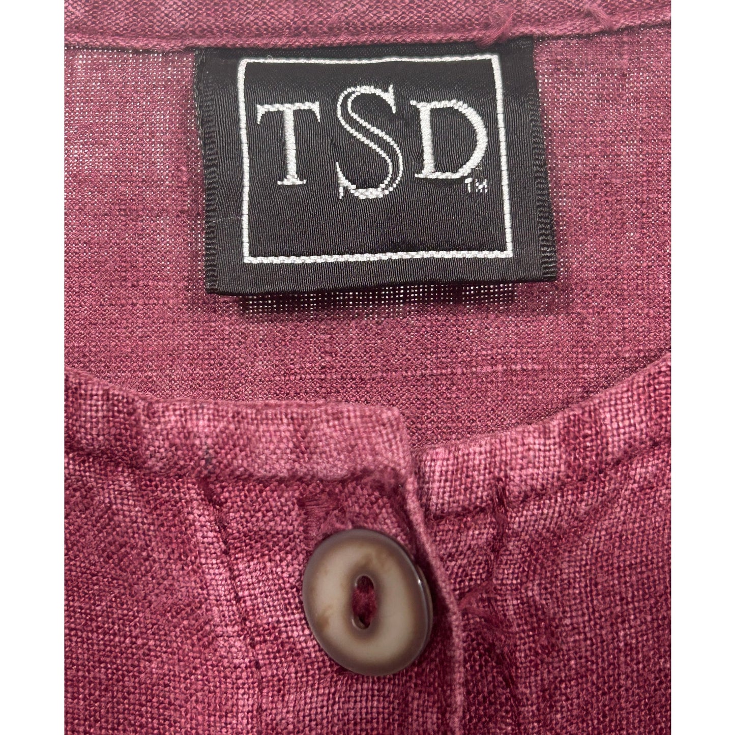 TSD 100% Hemp Button Front Blouse Burgundy Embroidered Hem Women’s M USA Made