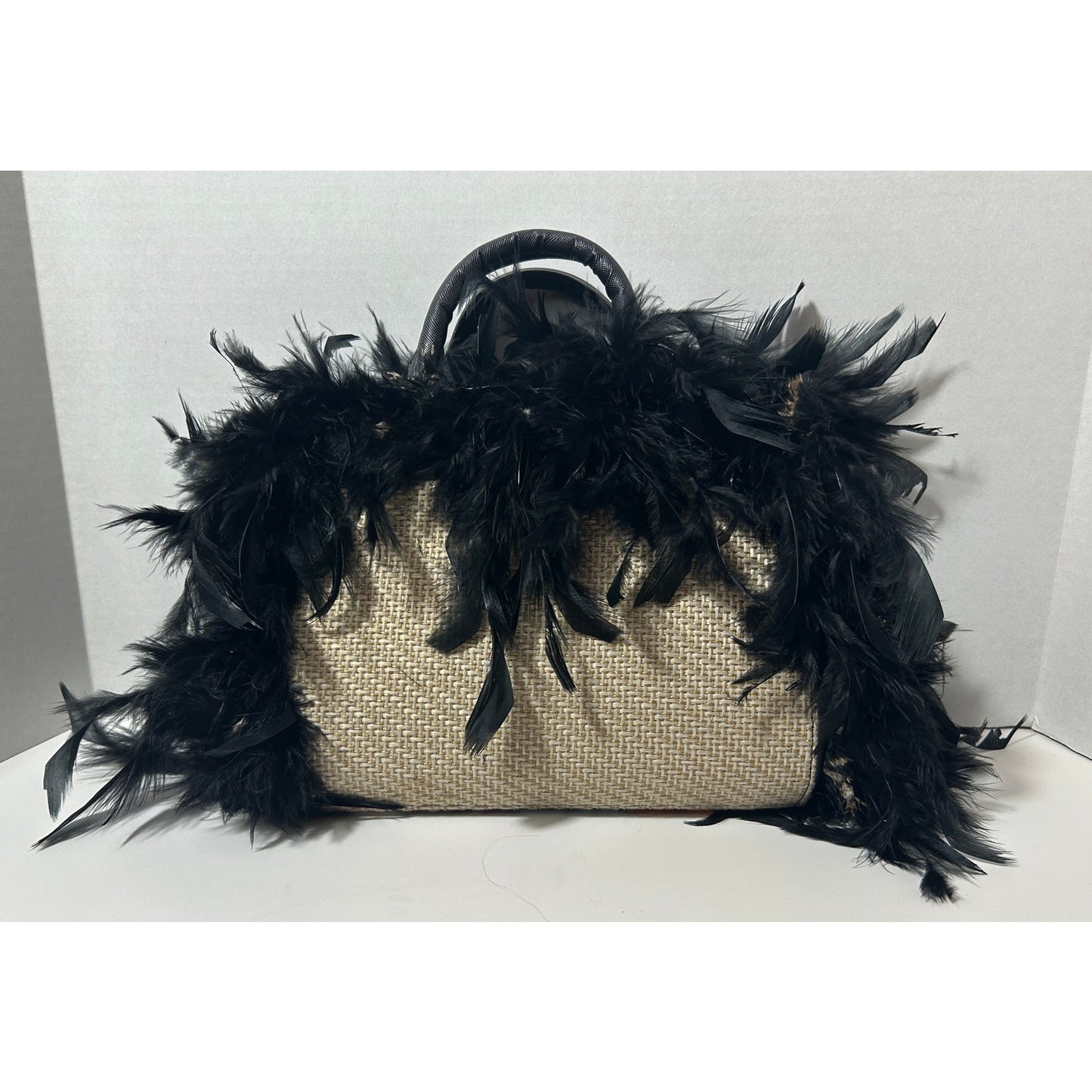 Colorful Frida Kahlo Feathered Purse with Black Boa Trim 7"x10"