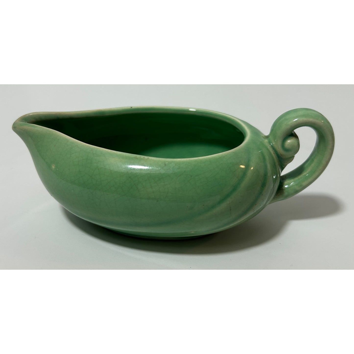 Vintage Green Crackle Glaze Pottery Gravy Boat with Swirl Handle