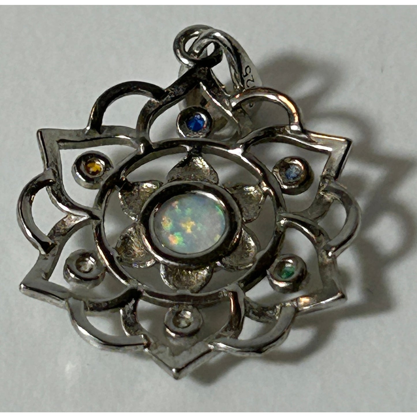 Sterling Silver Lotus Mandala Pendant with Opal & Multi-Gem Accents 1"