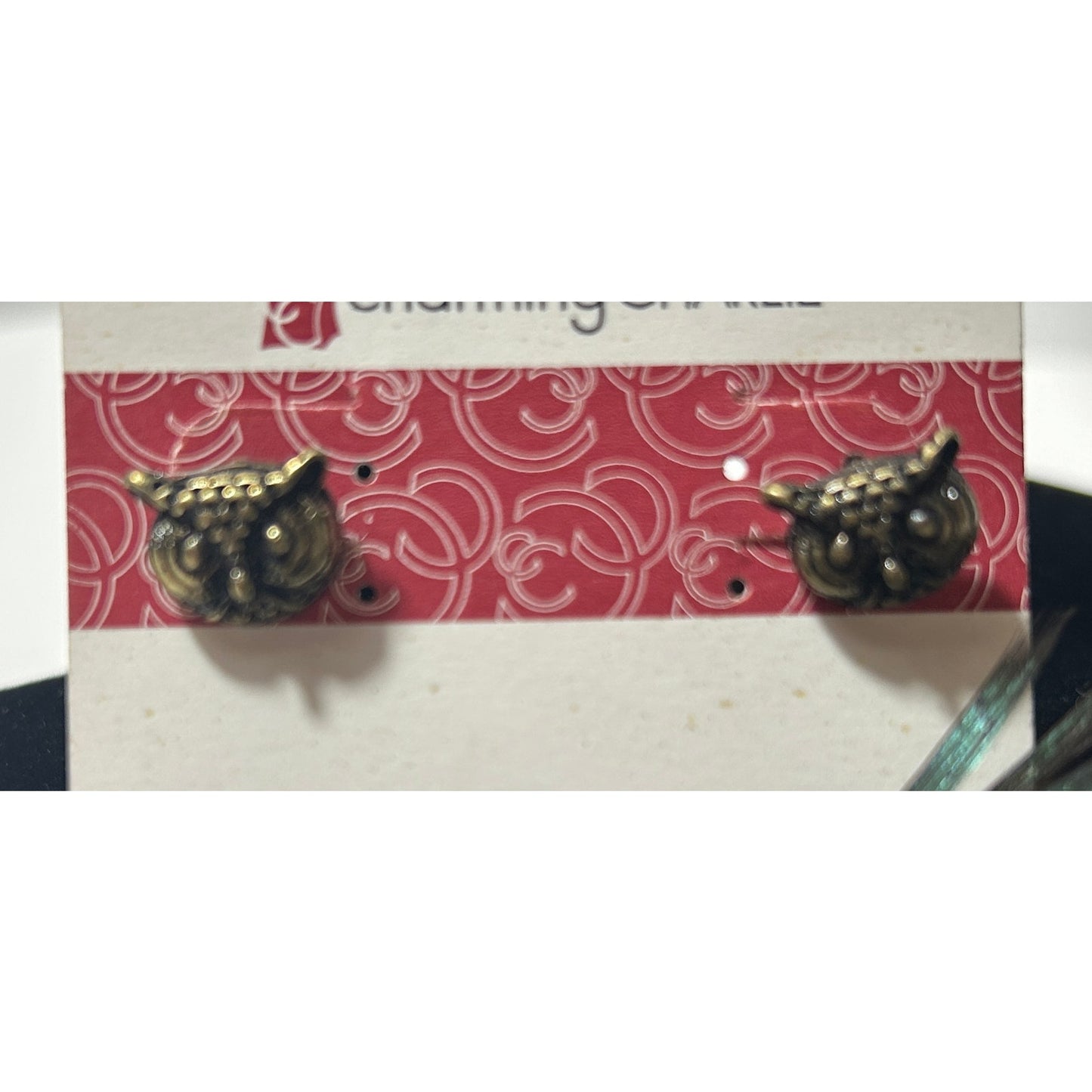 Charming Charlie Owl Stud Earrings with Long Iridescent Feather Dangles
