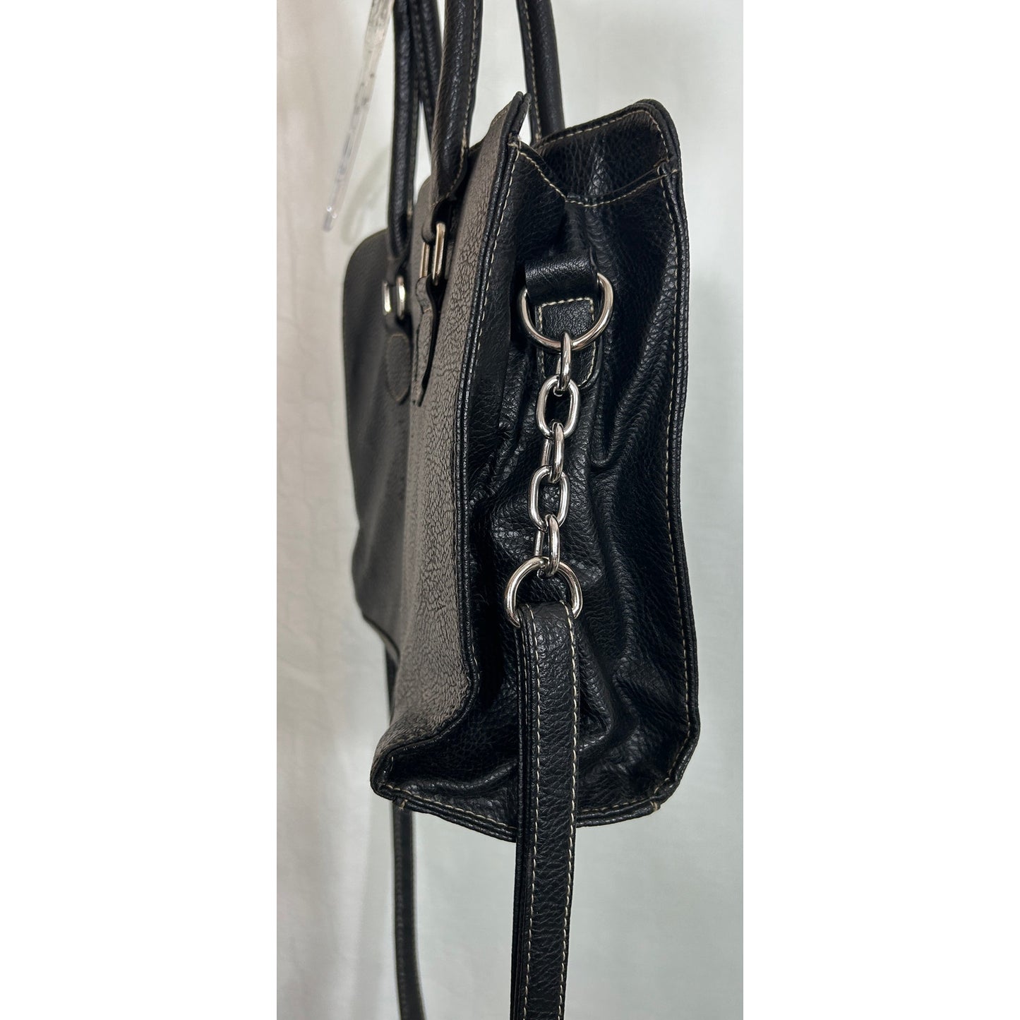 Black Faux Leather Tote Bag with Padlock Accent and Chain Strap 11"x10.5"