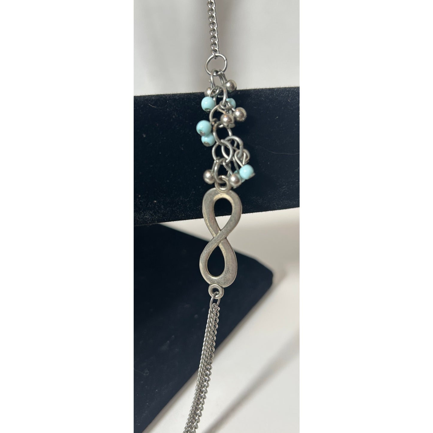 Silver Infinity Chain Necklace with Blue Beads & Multi-Strand Accent, 45"