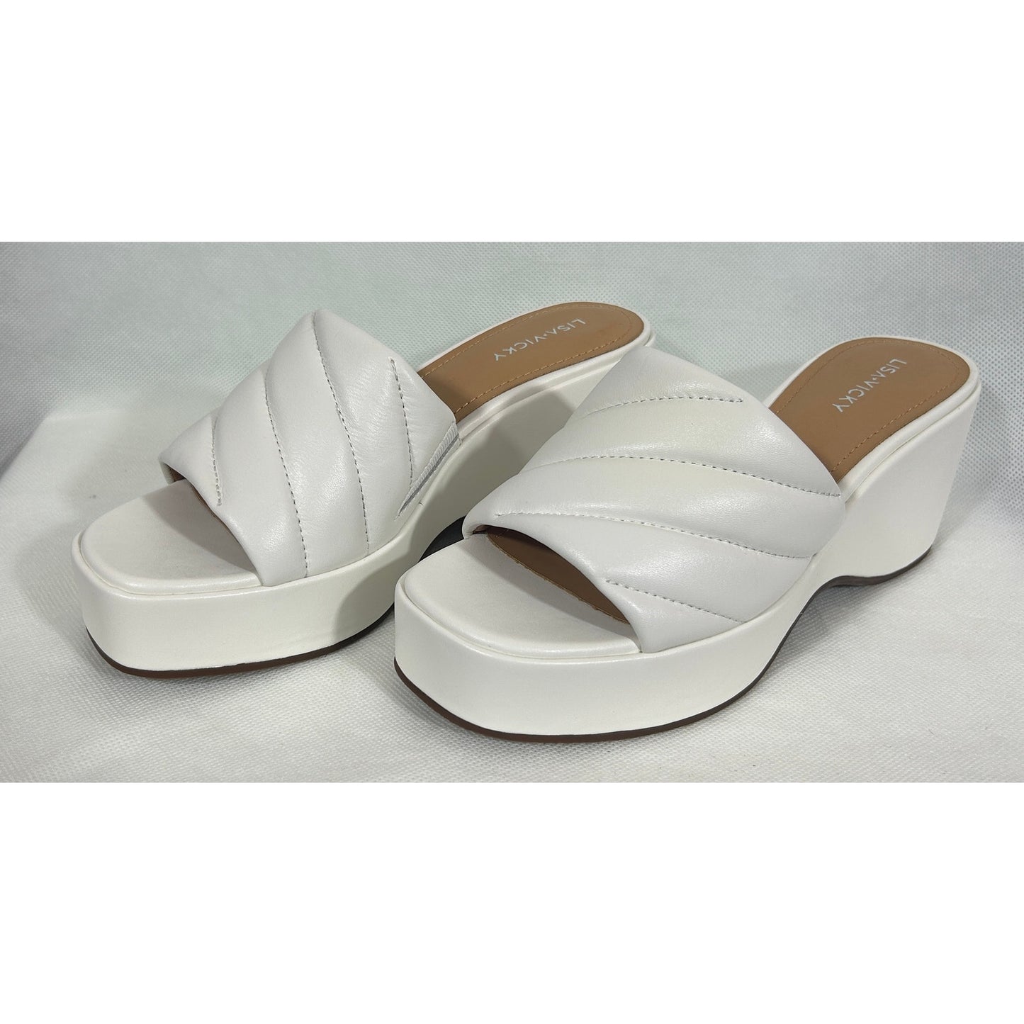 Lisa • Vicky White Platform Mules 9.5 M – Quilted Slide Heel; New in Box