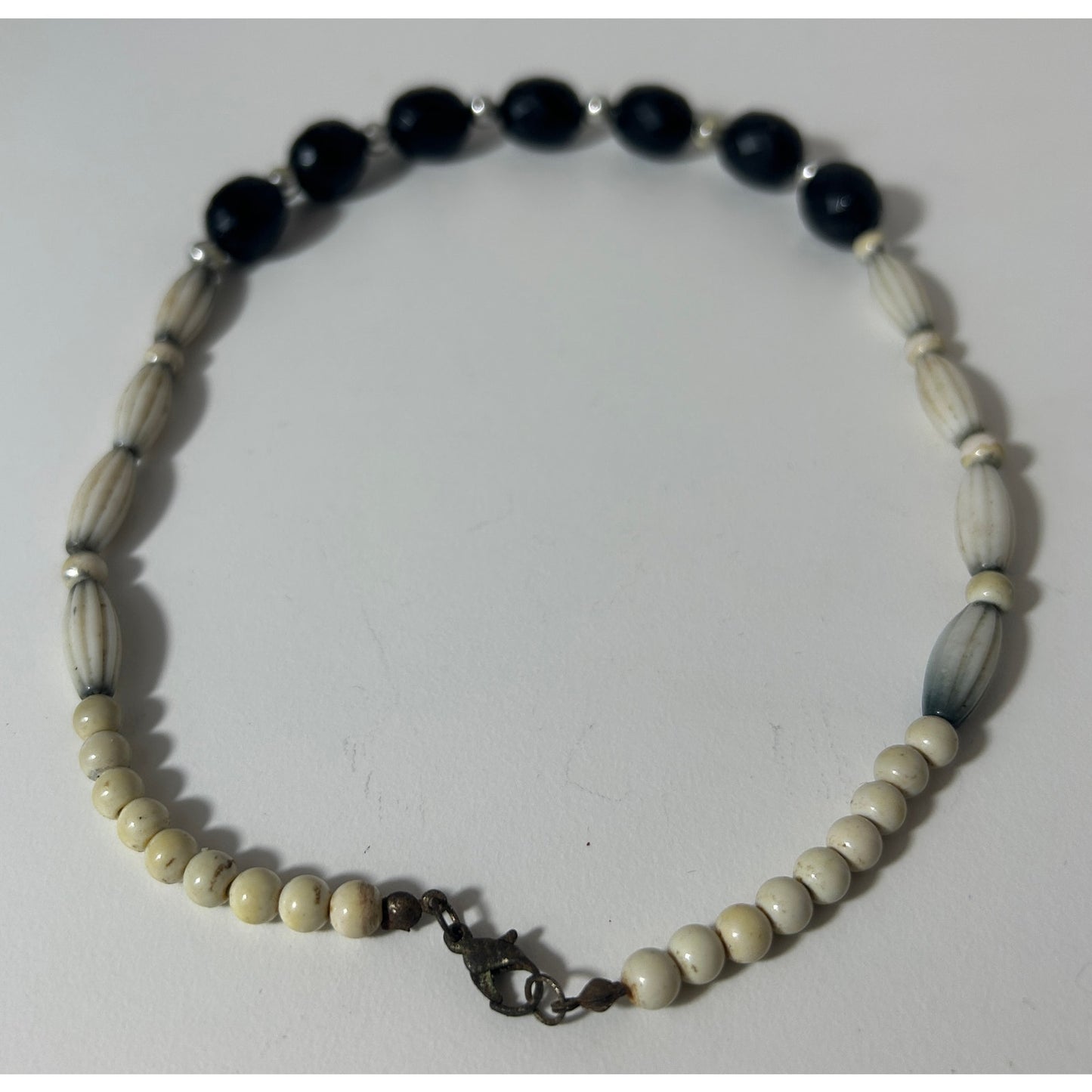 Vintage Black Faceted Bead & Bone-Style Necklace 18” Silver Tone Accents