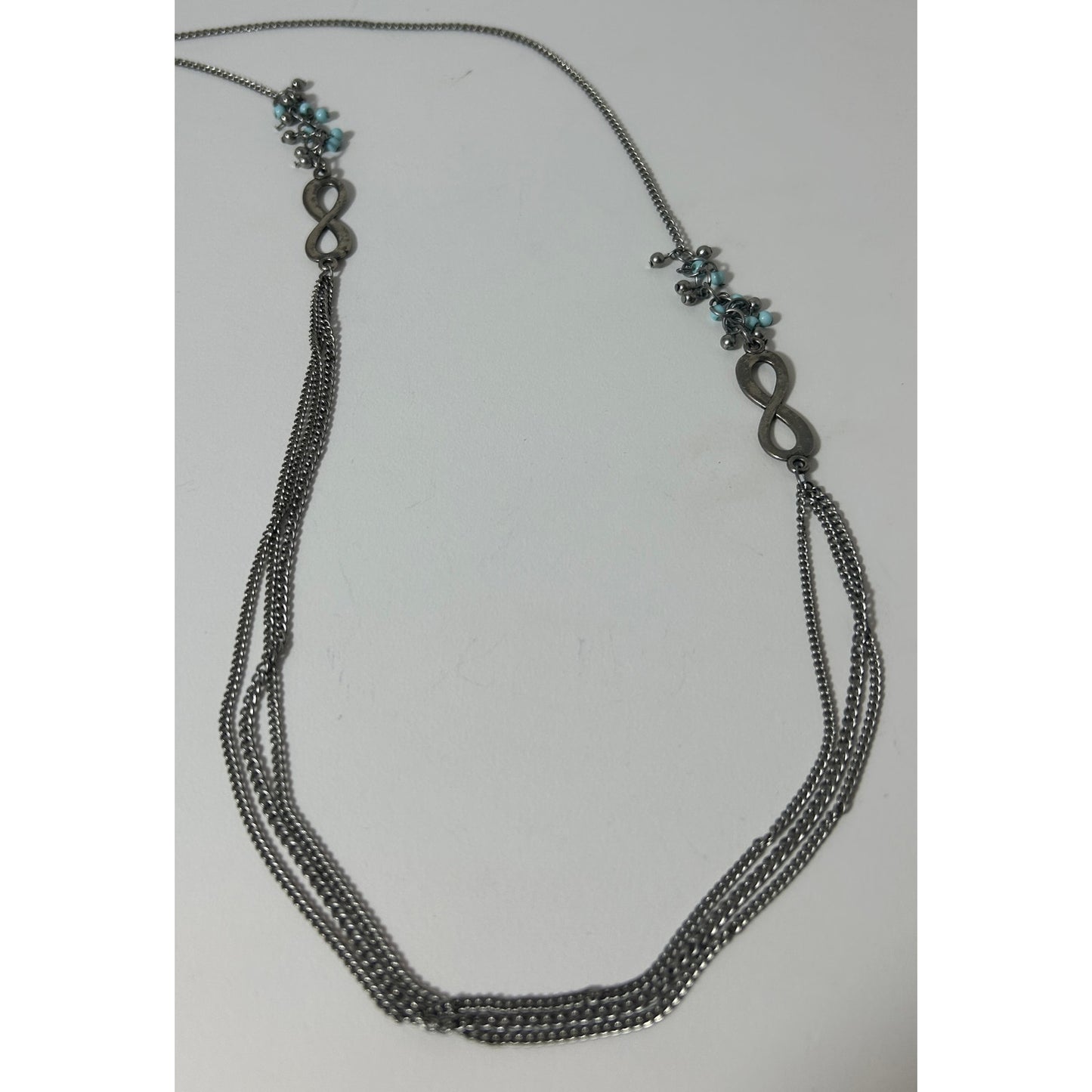 Silver Infinity Chain Necklace with Blue Beads & Multi-Strand Accent, 45"