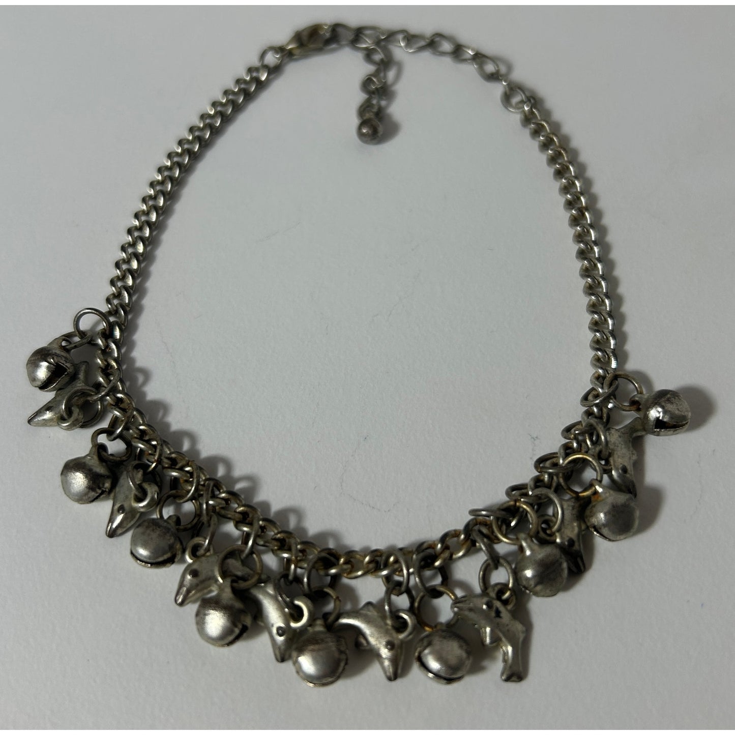 Vintage Charm Bracelet with Bells & Dolphins – Silver Tone 9.5”