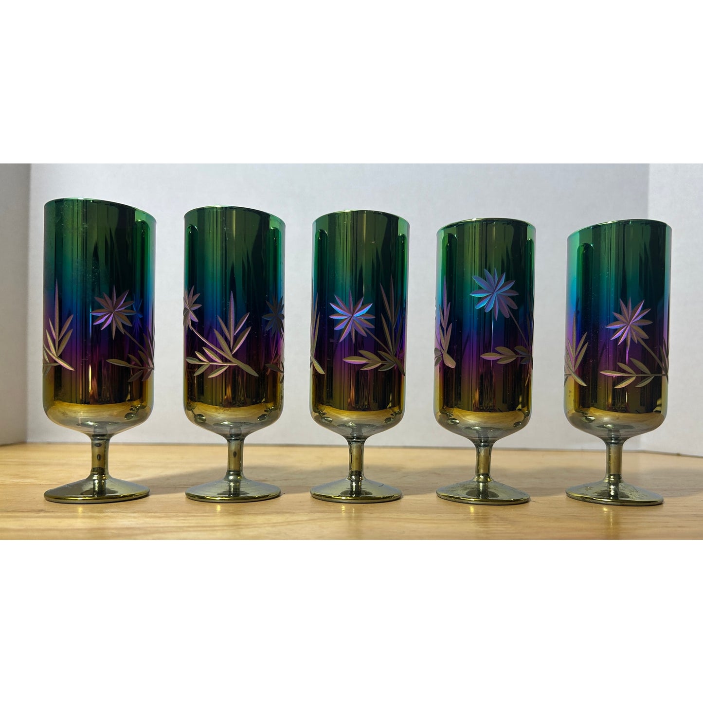 Set of 5 Vintage Iridescent Carnival Glass Goblets, 5" Tall