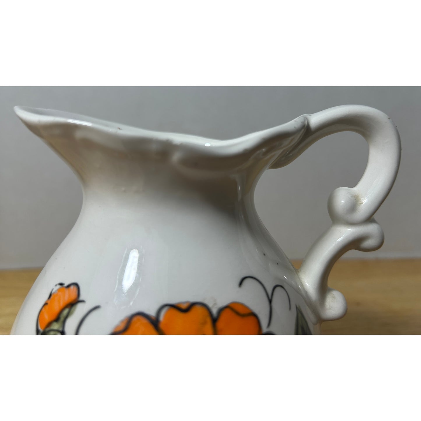Hand Painted Japan Floral Pitcher with Orange Flower, 6” Tall 6” Wide