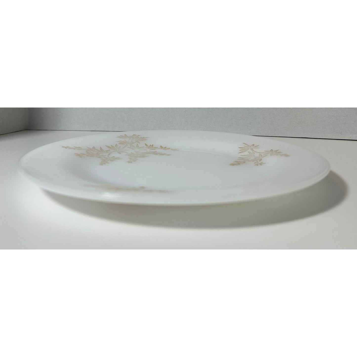 Vintage 9″ Federal Glass Milk Glass Plate with Gold Leaf Botanical Accent