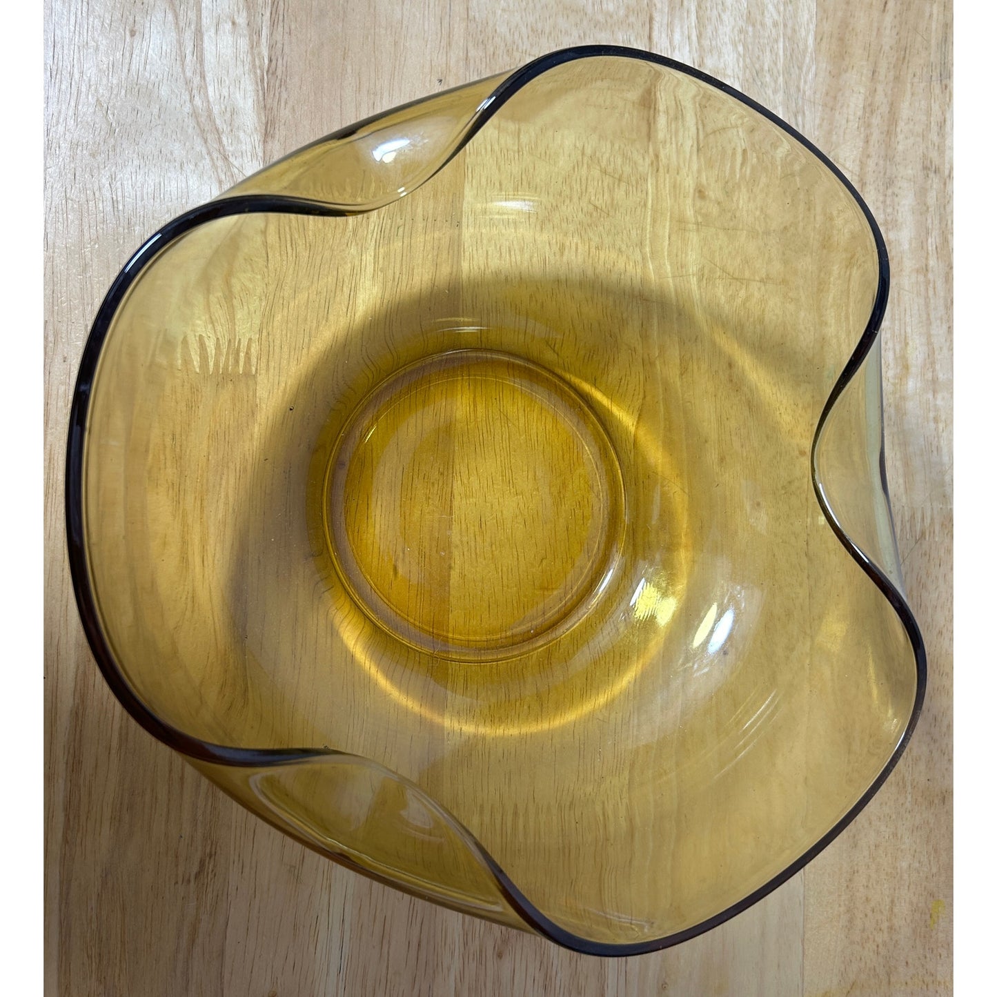 Anchor Hocking Amber Glass Chip Bowl 9" Wavy Edge Mid-Century Modern