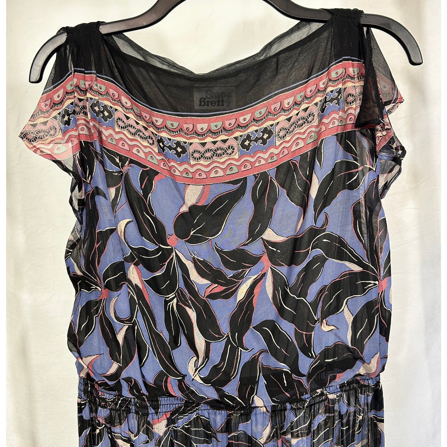 Sue Brett Vintage Sheer Midi Dress Black Leaf Print Boho Flutter Sleeve M