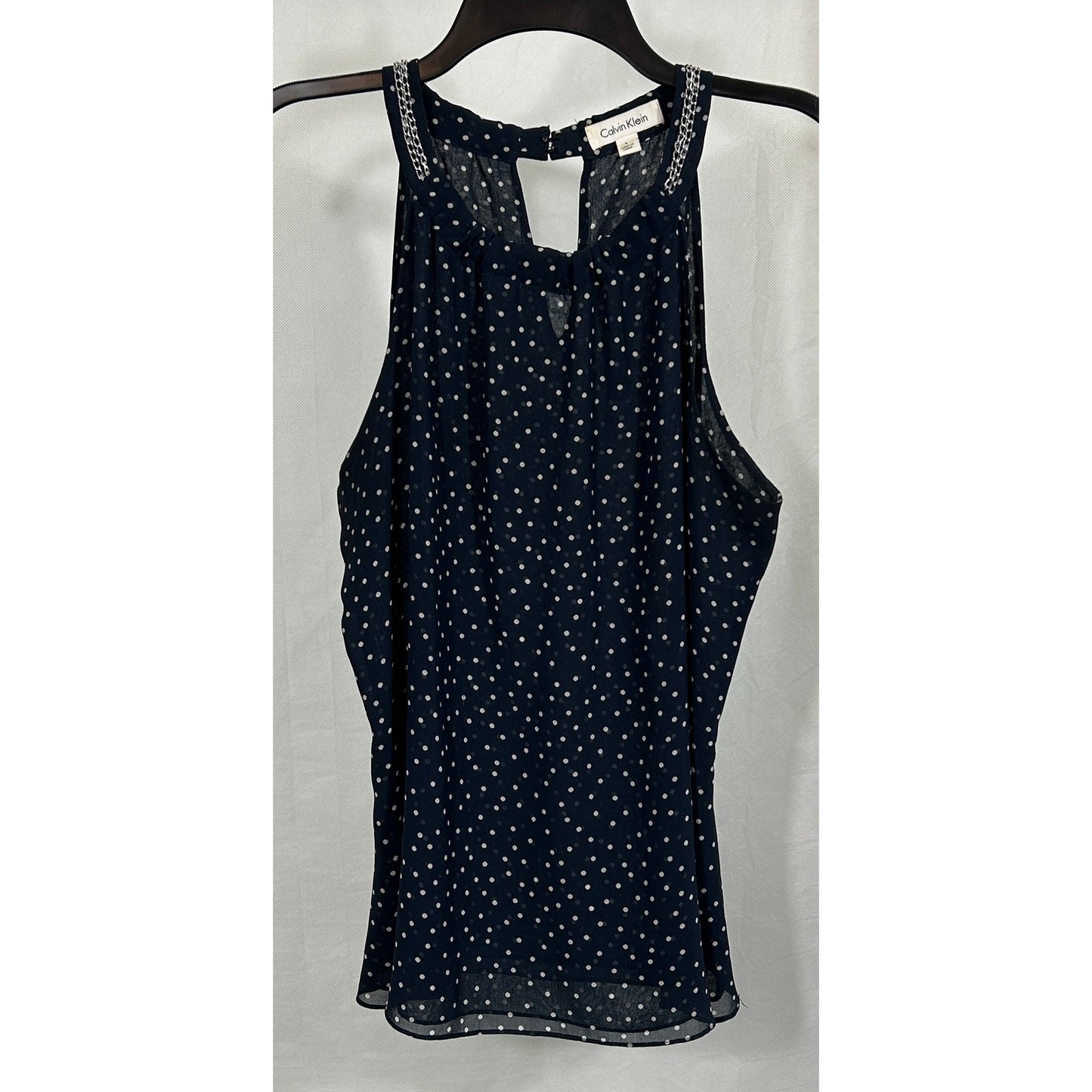 Calvin Klein Navy Polka Dot Chain Detail Sleeveless Blouse Size L