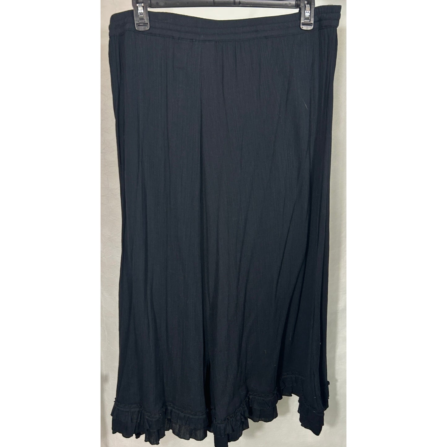 Black Ruffle Hem Crinkle Maxi Skirt XL Pull-On Cotton Rayon Boho Style