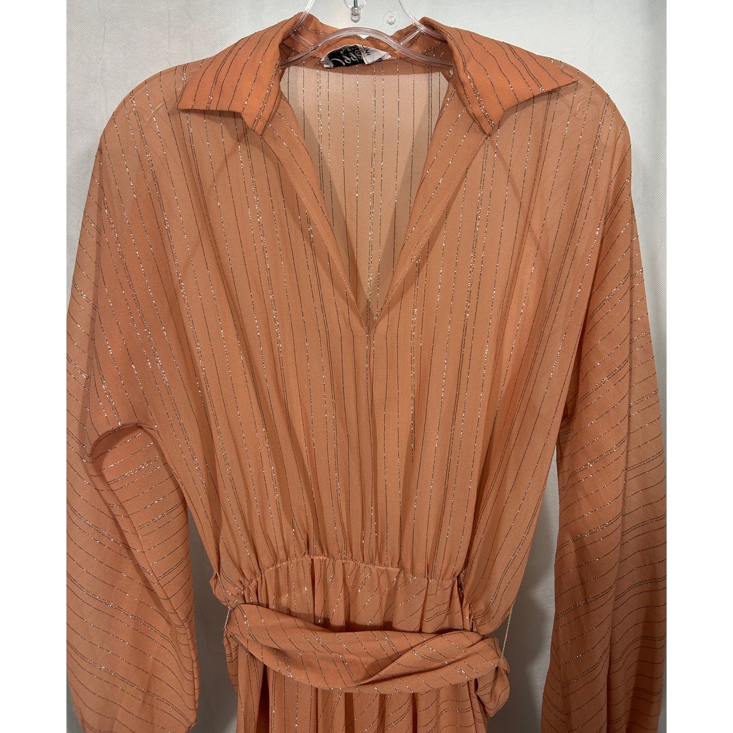 Vintage Oggee by Rizkallah Peach Glitter Sheer Belted Dress Sz S 41” Length
