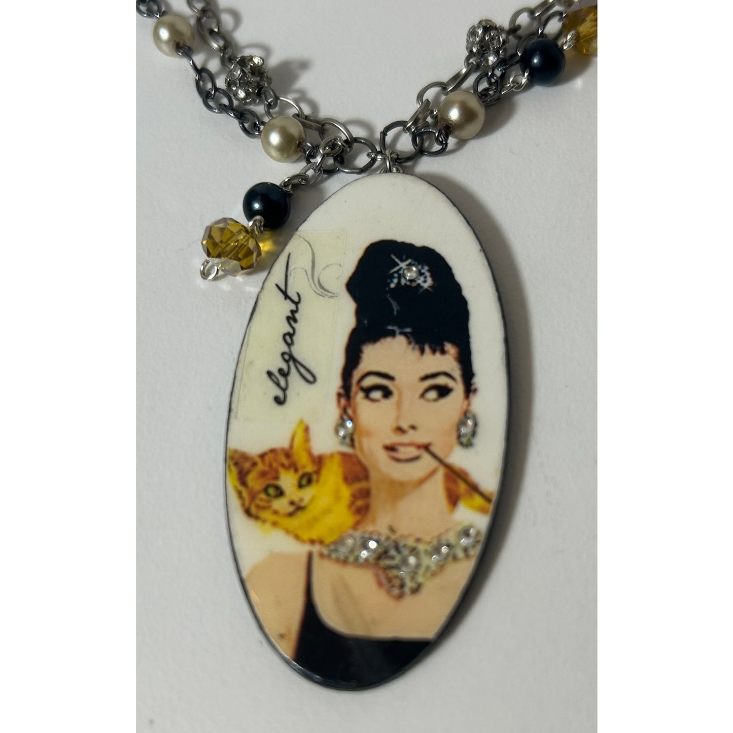Audrey Hepburn Style "Elegant" Pendant Necklace with Beads & Chain - 19"