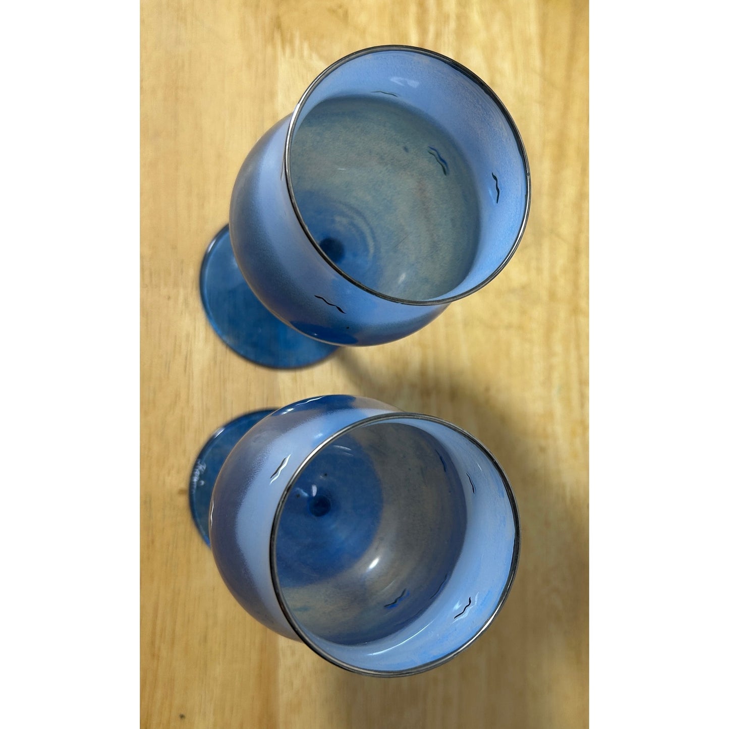 Hand‑Painted Blue “Karin” Wine Goblets Silver Rim, 7.25″ Tall, Set of 2