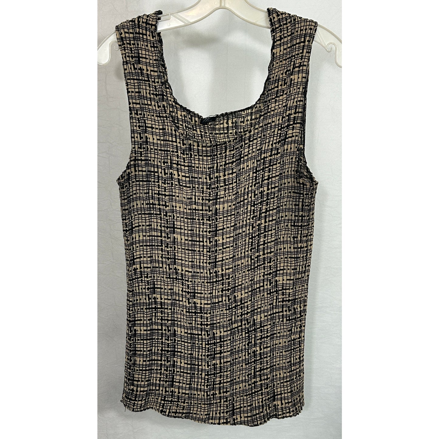Vintage 90s Crinkle Textured Black Beige Abstract Print Tank Top 2X