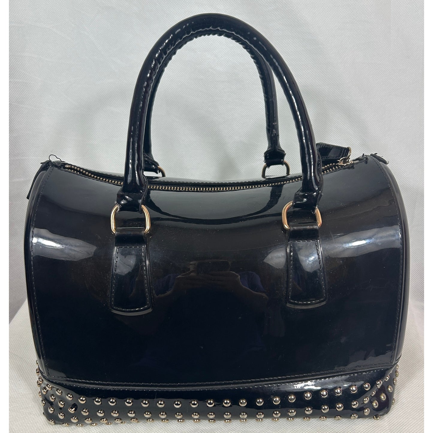 Black Patent Studded Barrel Satchel Bag with Top Handles 12″ x 9″