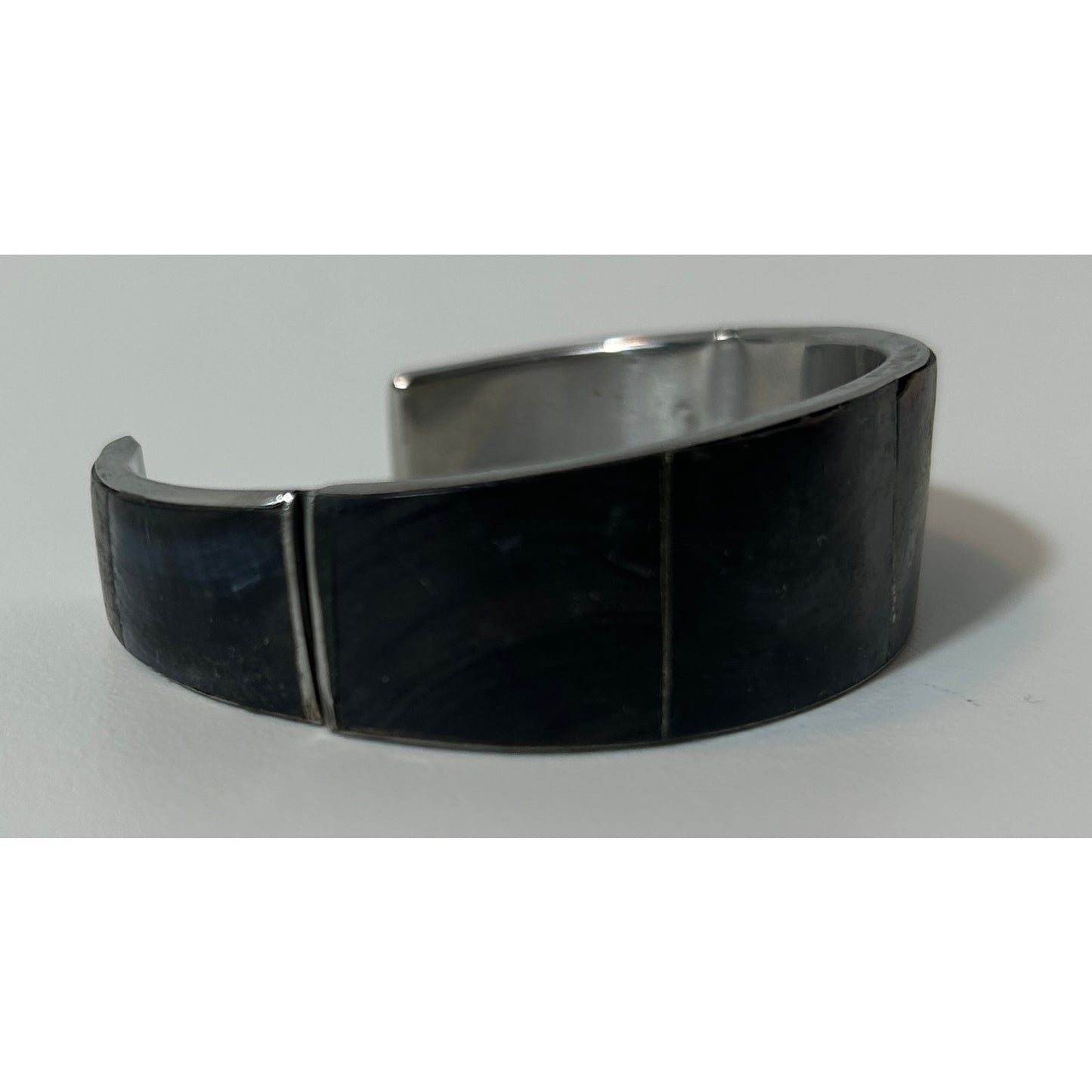 Vintage Philippine Handmade Abalone Inlay Silver-Tone Cuff Bracelet 6″