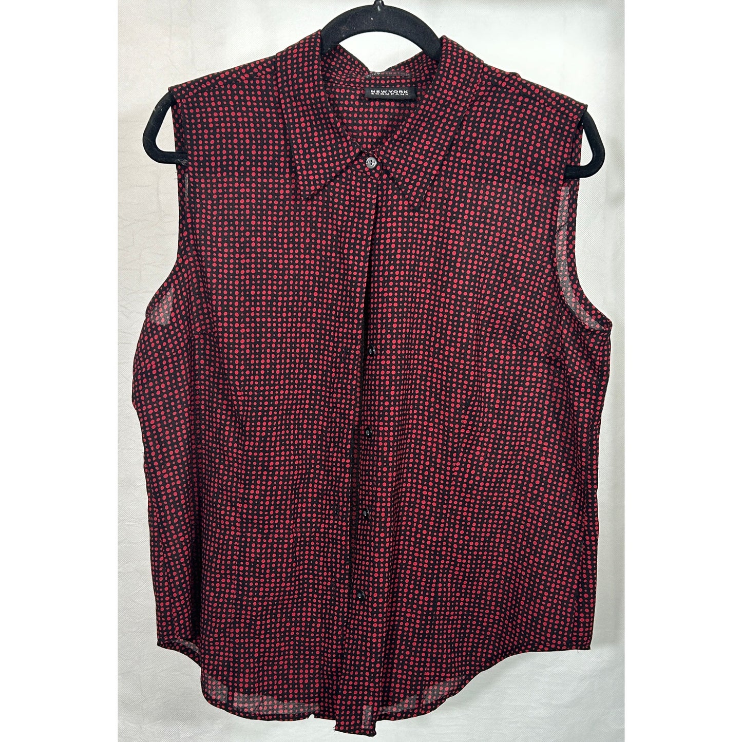 NY&C City Stretch Sleeveless Blouse XL Black Red Polka Dot Button Front