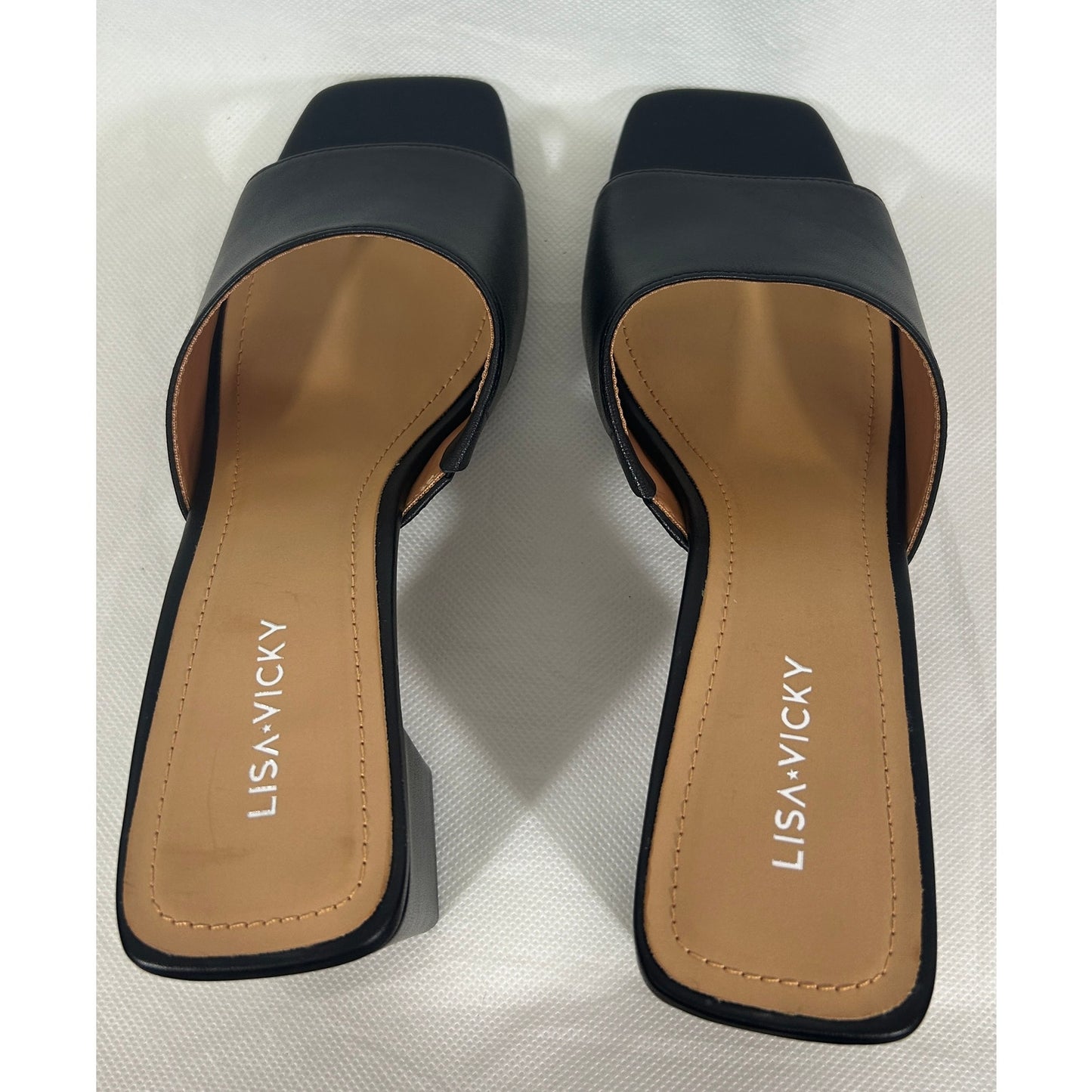 Lisa • Vicky Black Square‑Toe Slide Heels Size 9.5M – Chunky Block Heel