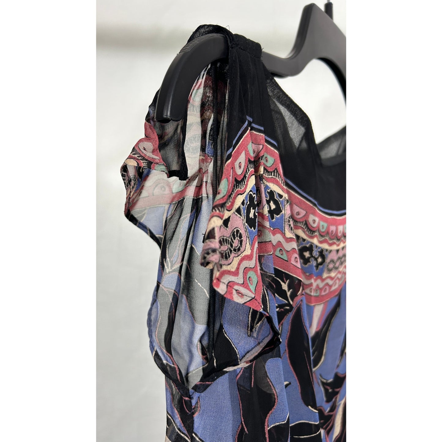 Sue Brett Vintage Sheer Midi Dress Black Leaf Print Boho Flutter Sleeve M