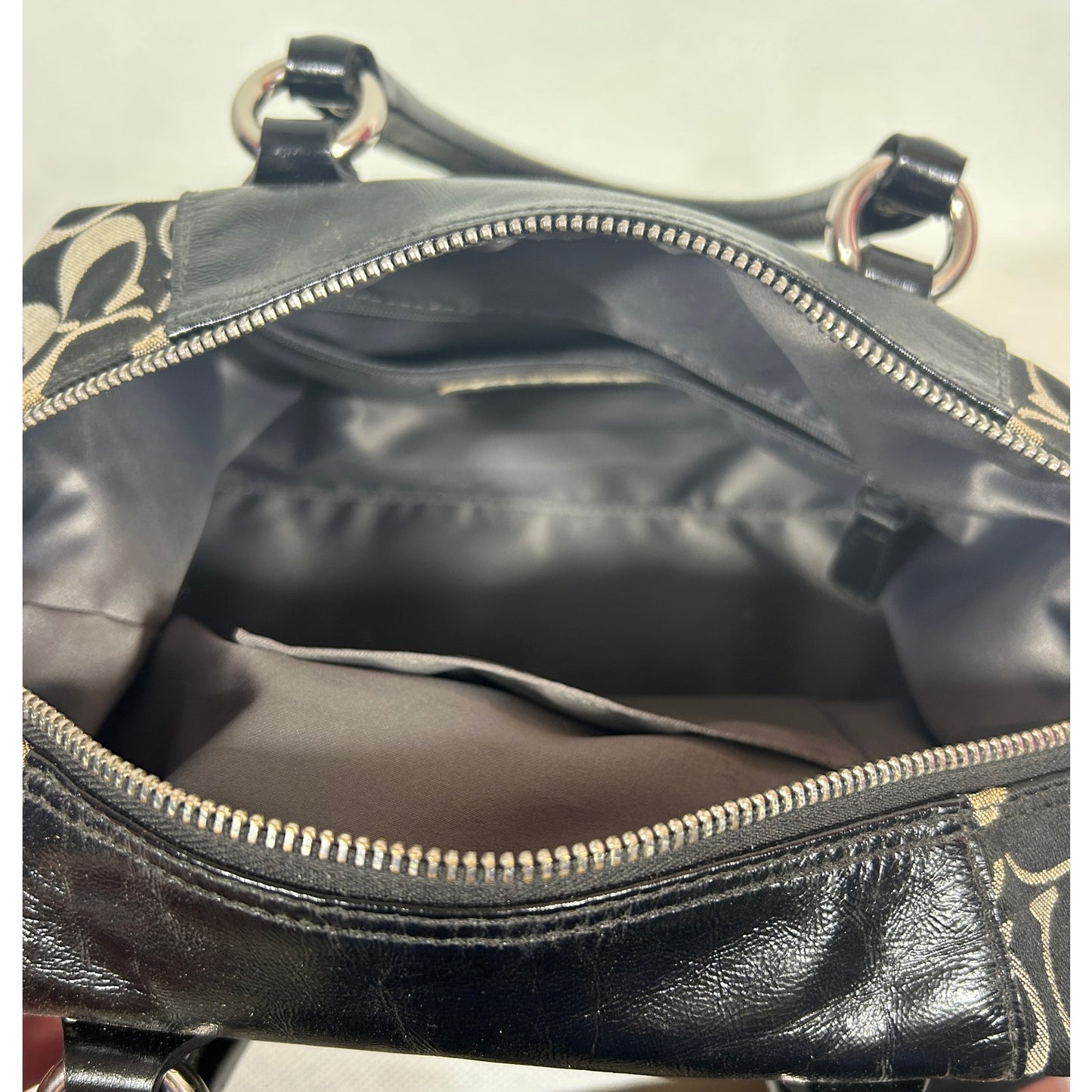 Coach Signature Canvas & Leather Satchel Bag Black Silver Hardware 15″ x 8″