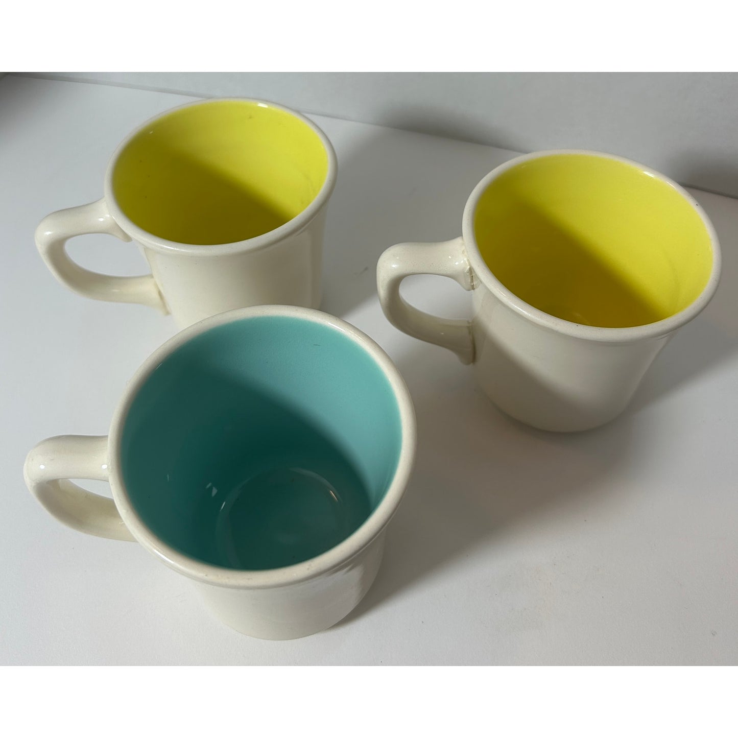 Set of 3 White Ceramic Mugs with Bright Yellow & Aqua Interiors, 3.5″