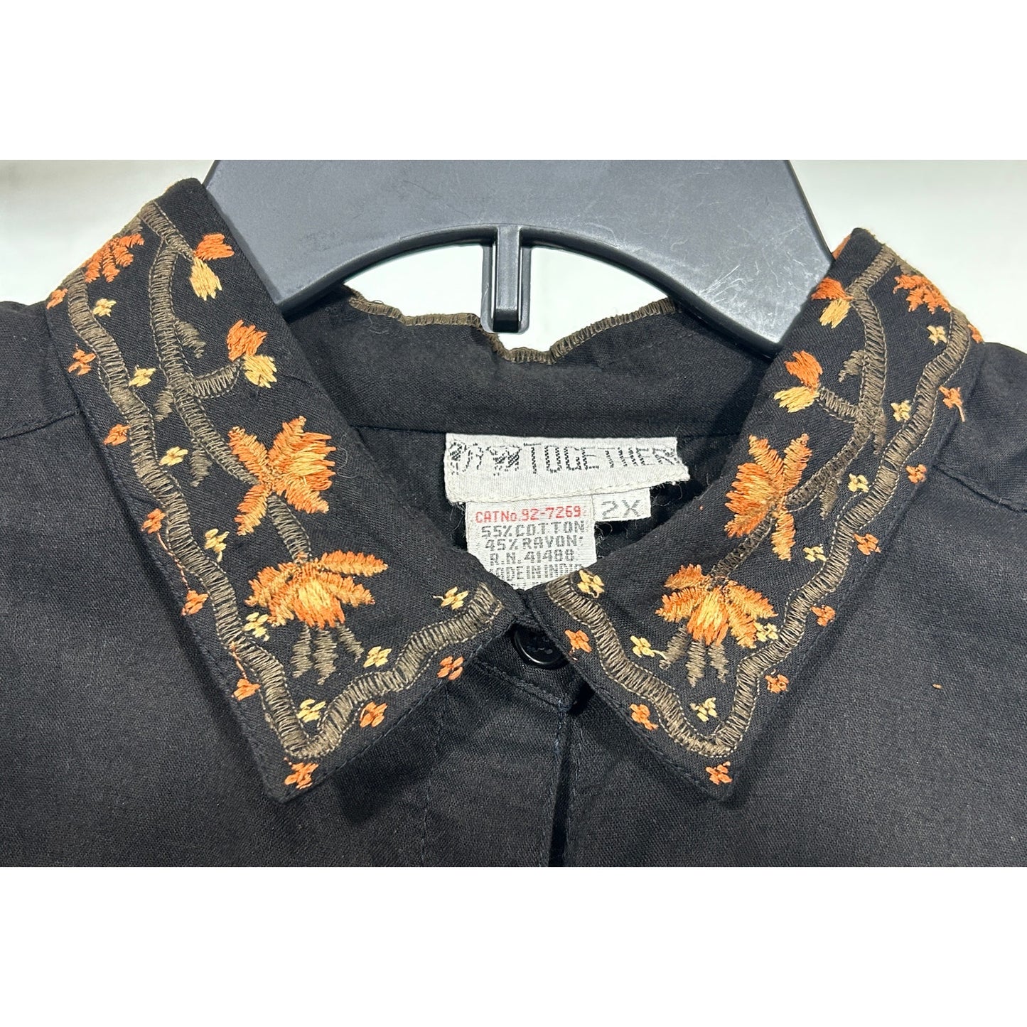 Vintage Together Black Embroidered Button Down Shirt 2X Floral Western