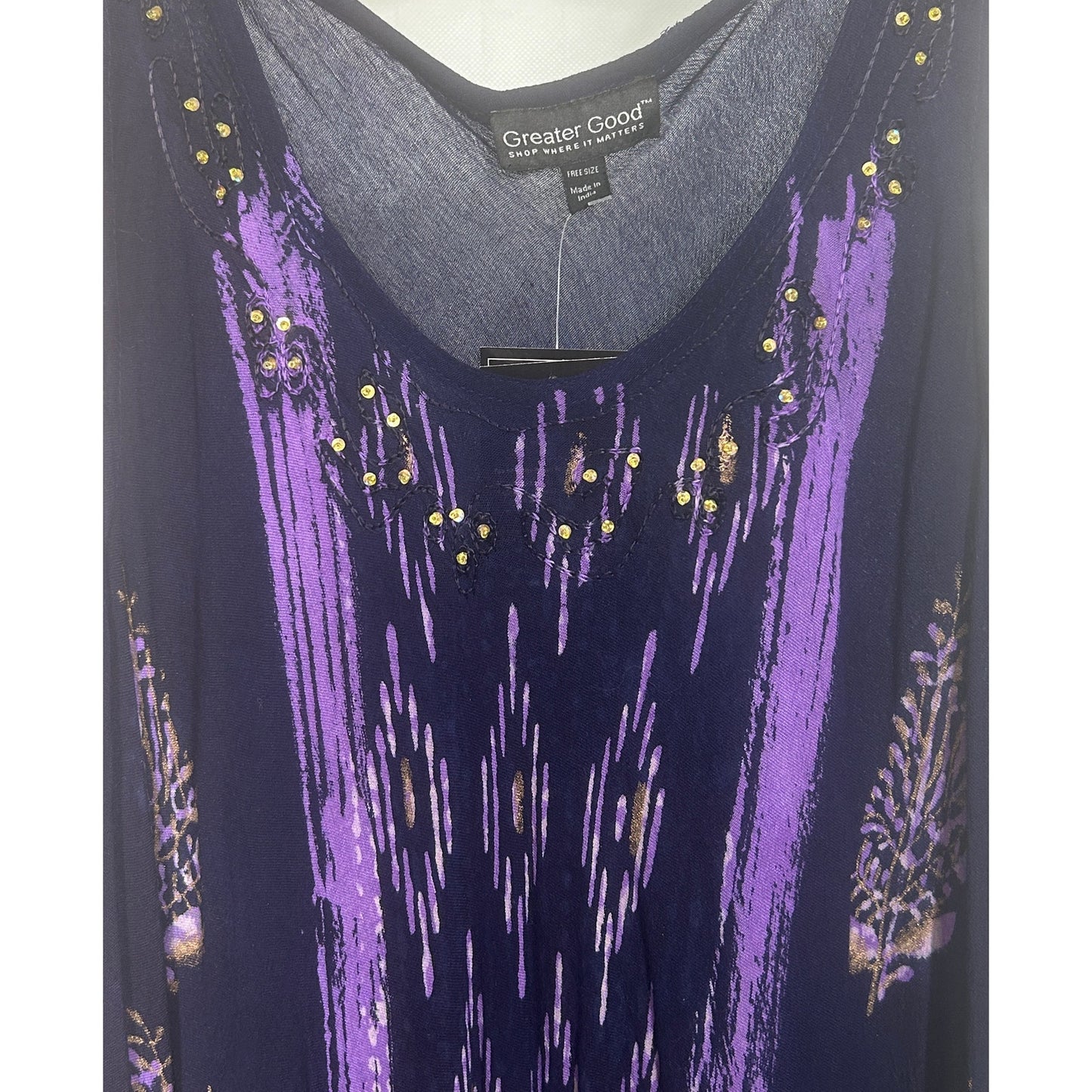 Greater Good Purple Batik Sleeveless Top Free Size Rayon Sequin Detail