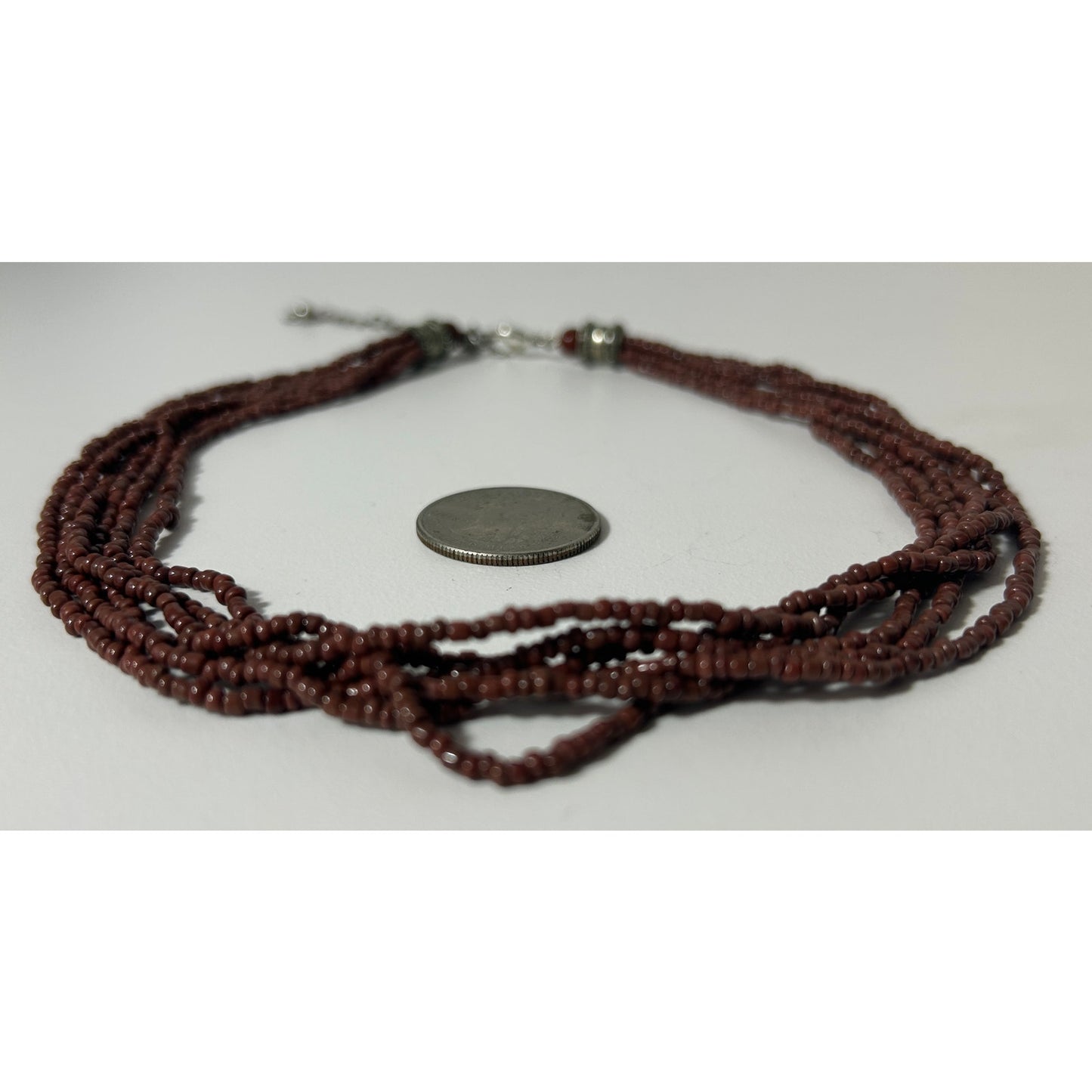 Vintage 7-Strand Brown Seed Bead Necklace with Silver Accents, 19" Length