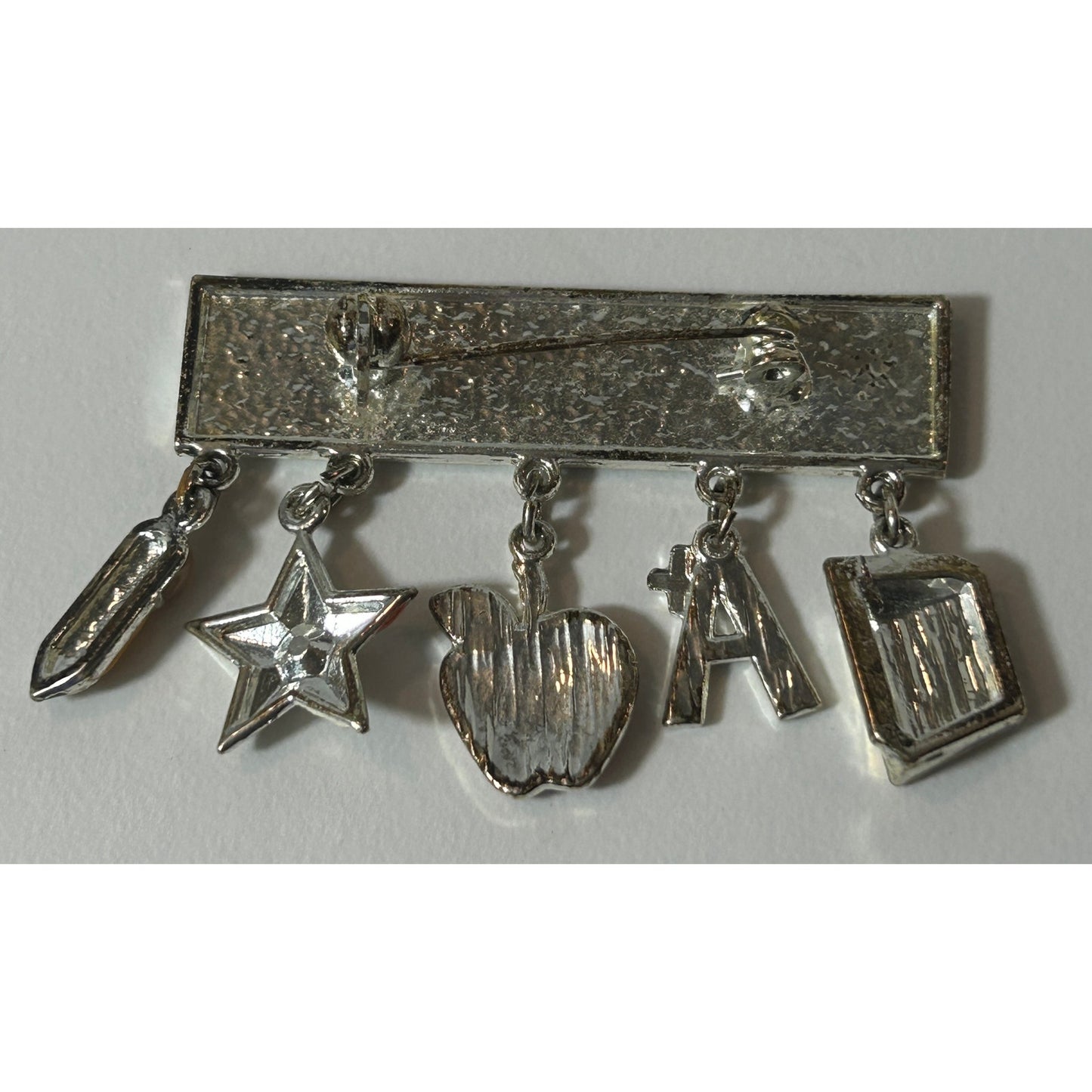 Vintage “Teachers Rule!” Ruler Brooch with Dangling School Charms – 2″ Wide