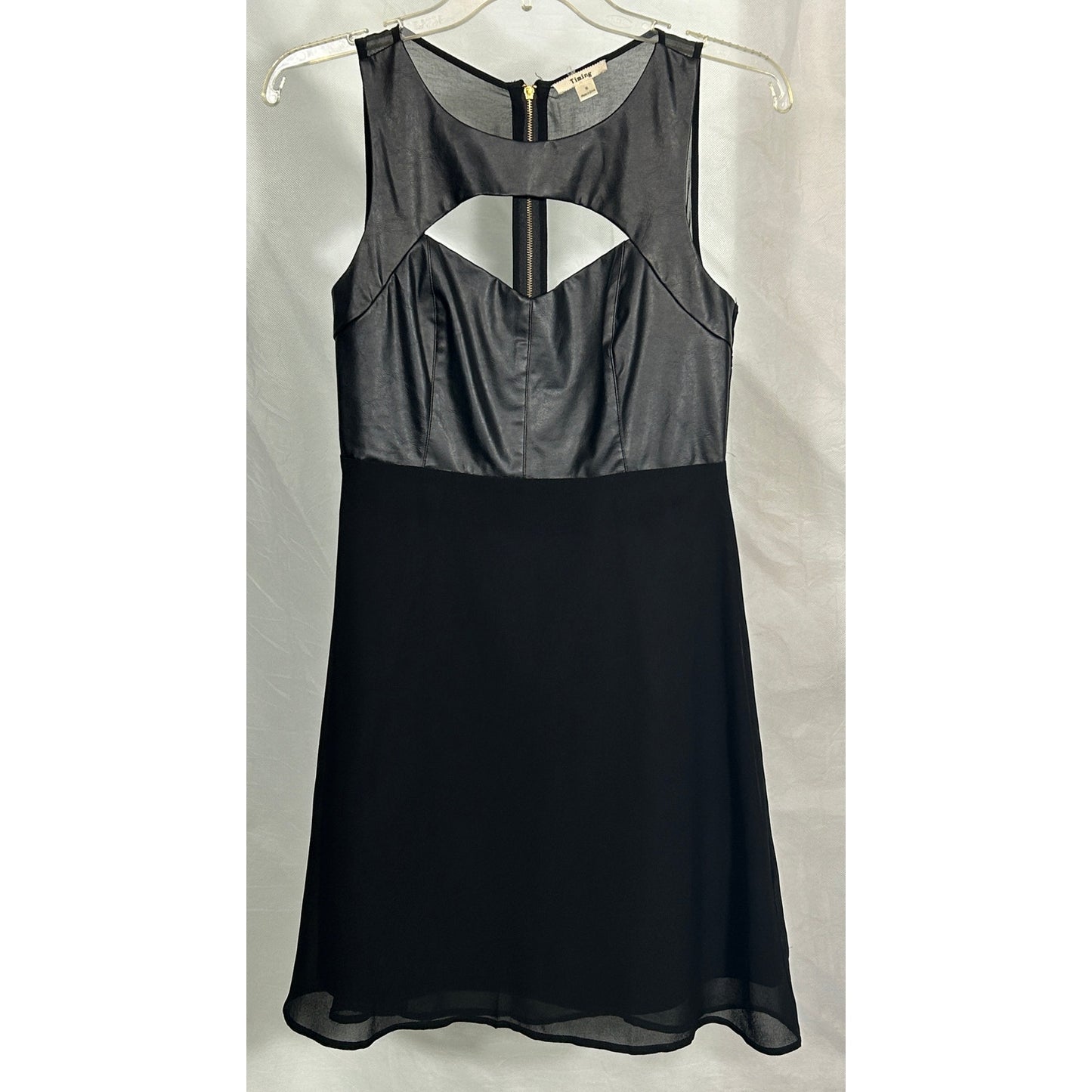 Timing Small Black Faux Leather Cutout Dress with Sheer Skirt and Back Zip
