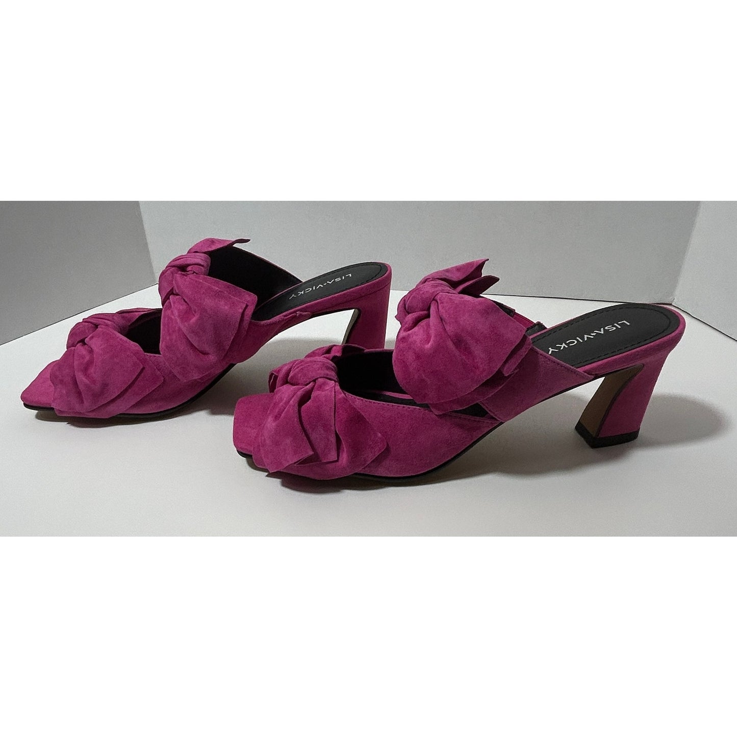 Lisa Vicky Fuchsia Suede Mule Heels w/ Double Bow Accent Size 9.5M NIB