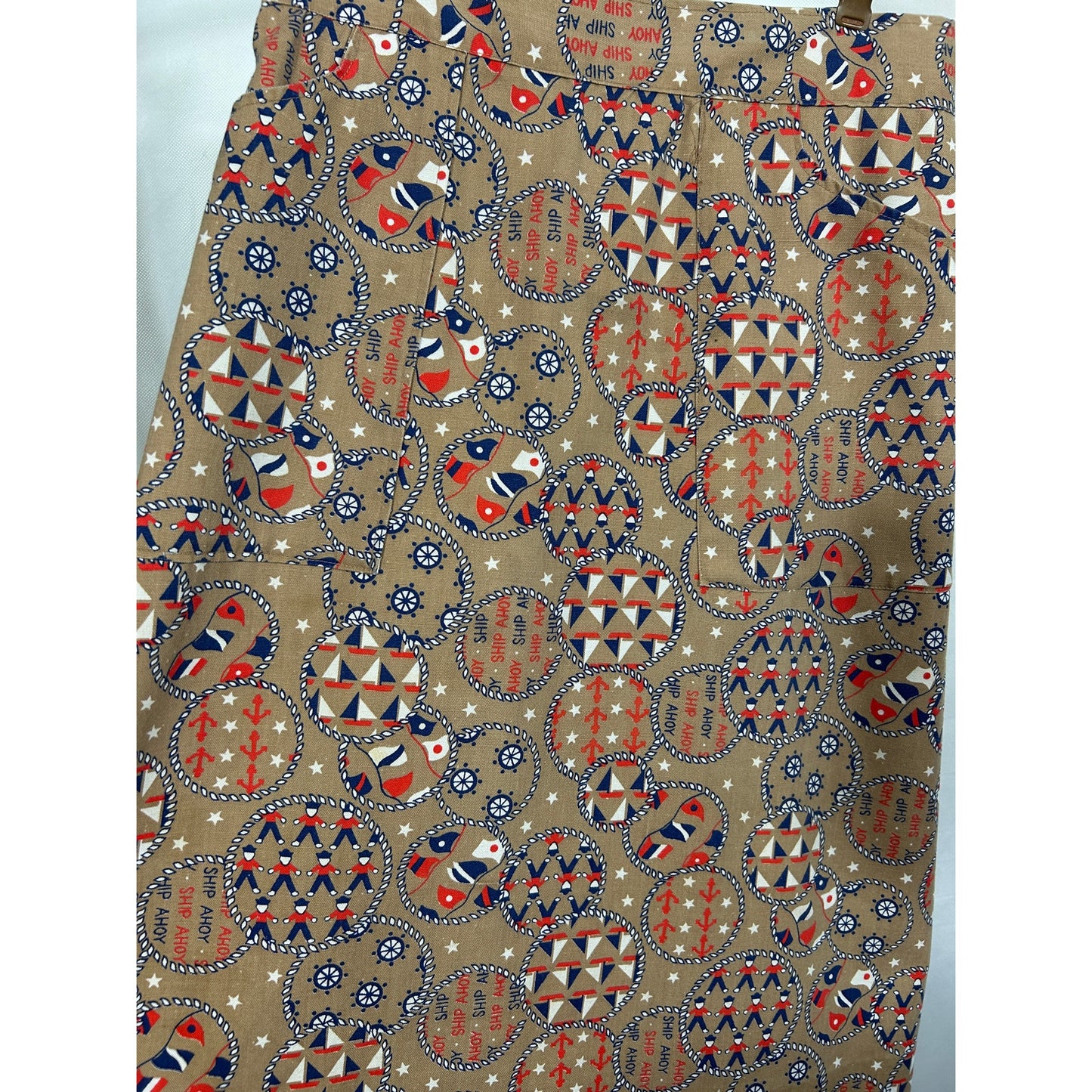 Vintage Nautical Print Wrap Skirt Tan Red White Blue | Size S | 27" Length