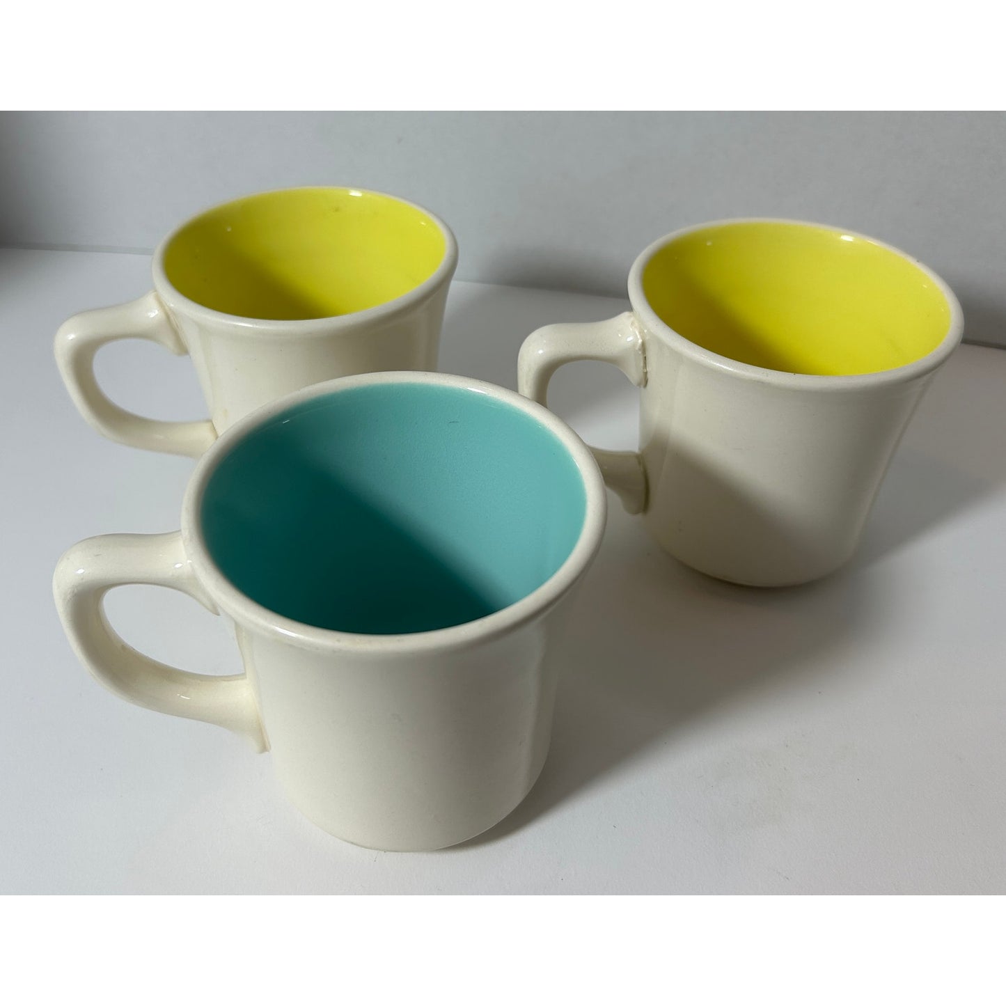 Set of 3 White Ceramic Mugs with Bright Yellow & Aqua Interiors, 3.5″
