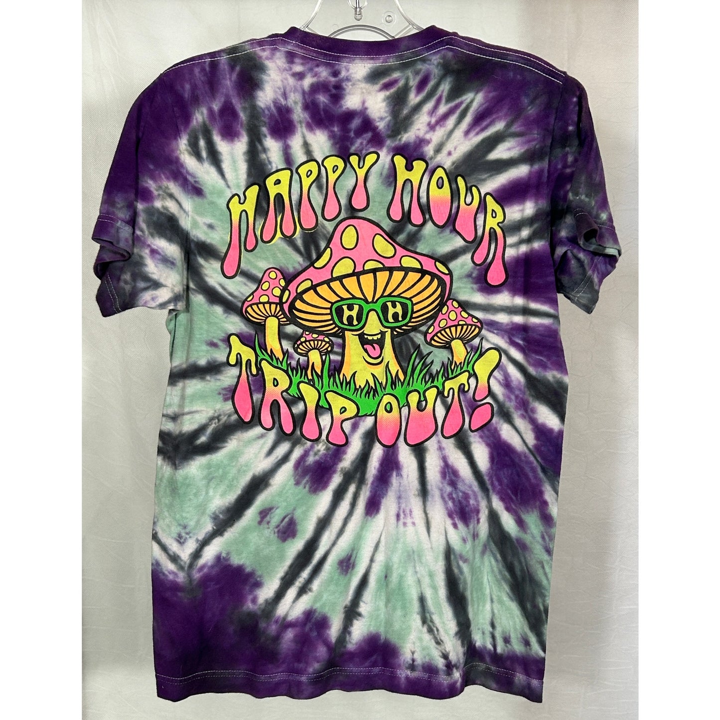 Happy Hour Trip Out Tie Dye T-Shirt Small Psychedelic Mushroom Graphic Tee