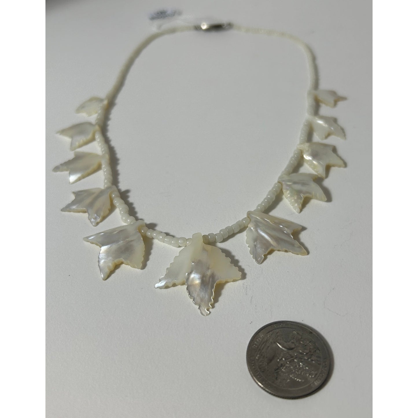 Vintage Mother of Pearl Leaf Necklace 20" with Ornate Clasp