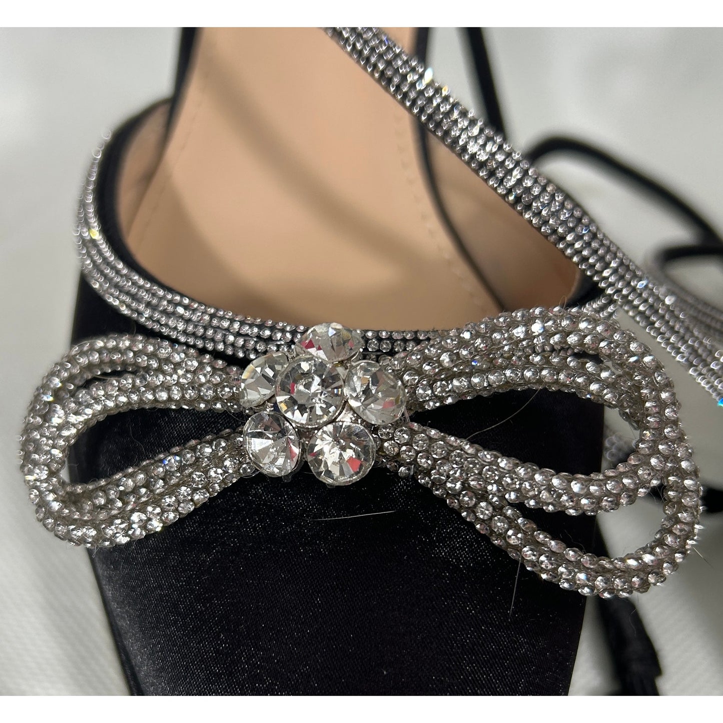 Black Satin Rhinestone Bow Ankle Strap Heels – Size 8.5