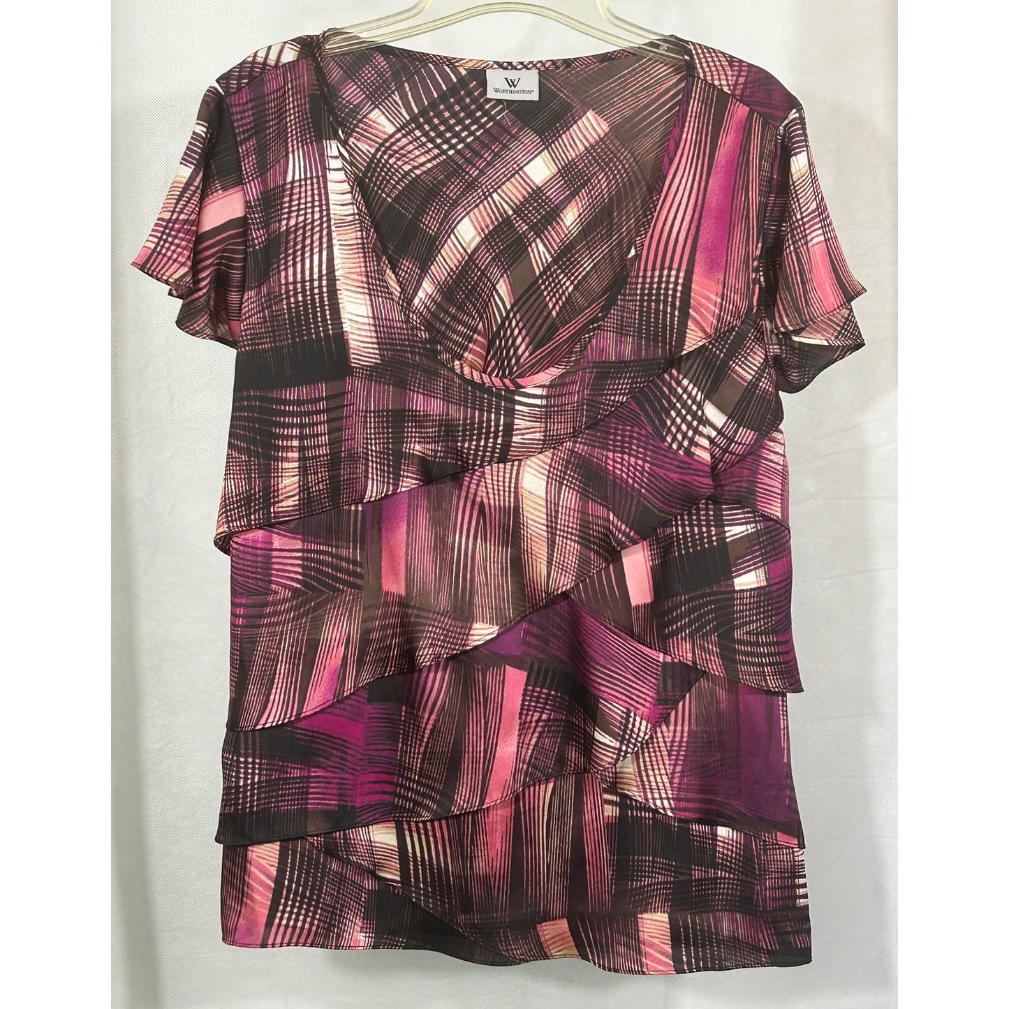 Worthington Pink Brown Abstract Tiered Chiffon Blouse Size L