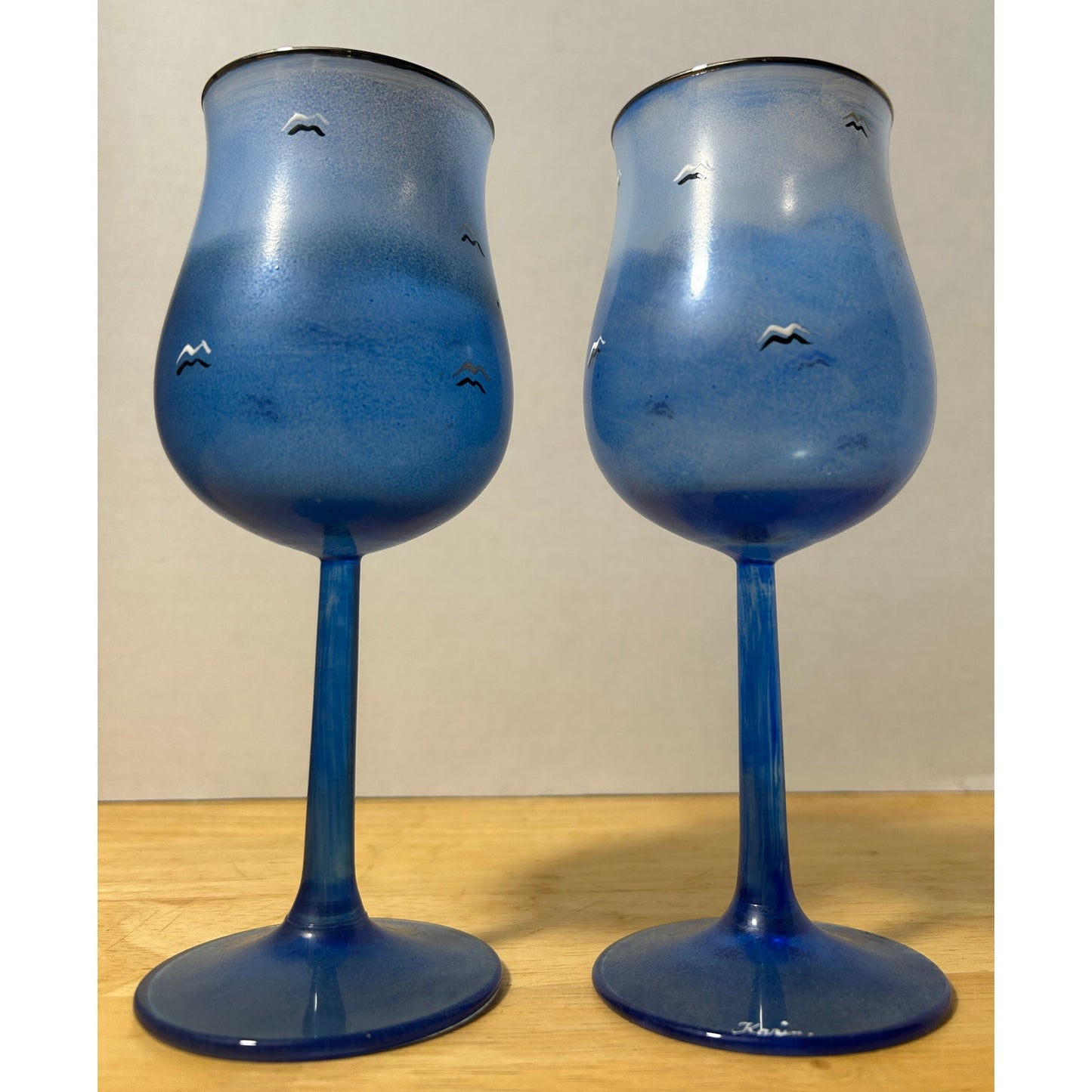 Hand‑Painted Blue “Karin” Wine Goblets Silver Rim, 7.25″ Tall, Set of 2