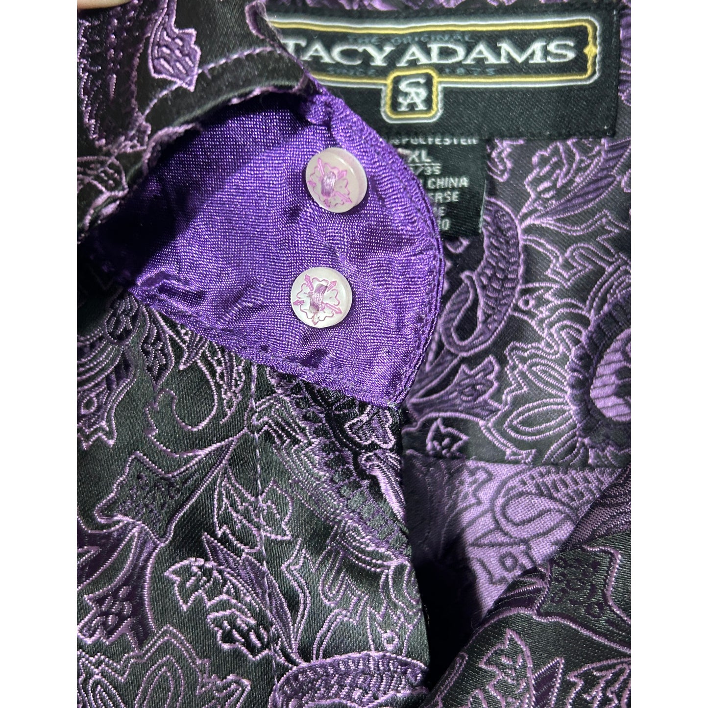 Stacy Adams XL Black Purple Paisley Dress Shirt Satin Cuffs 34/35 Sleeve