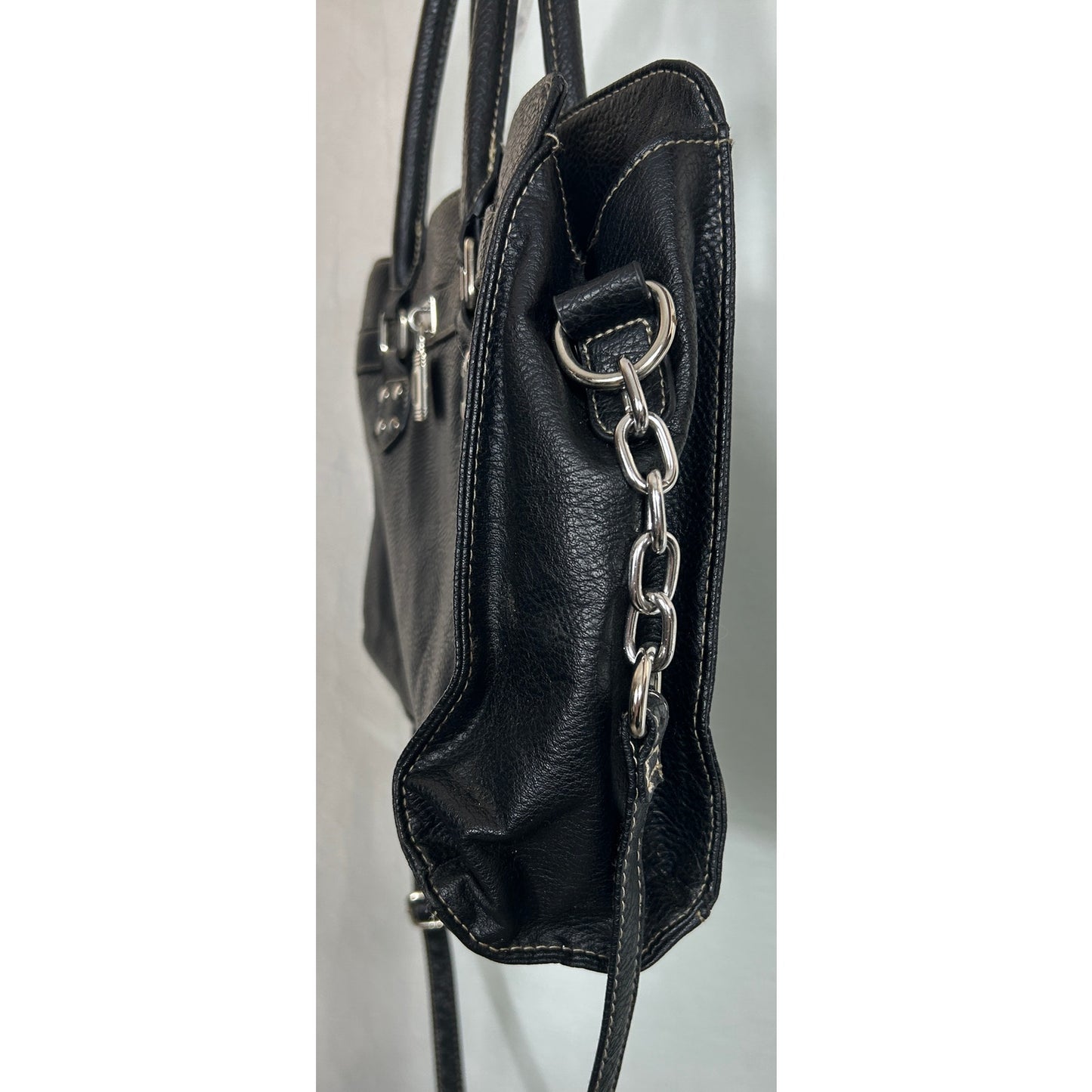 Black Faux Leather Tote Bag with Padlock Accent and Chain Strap 11"x10.5"