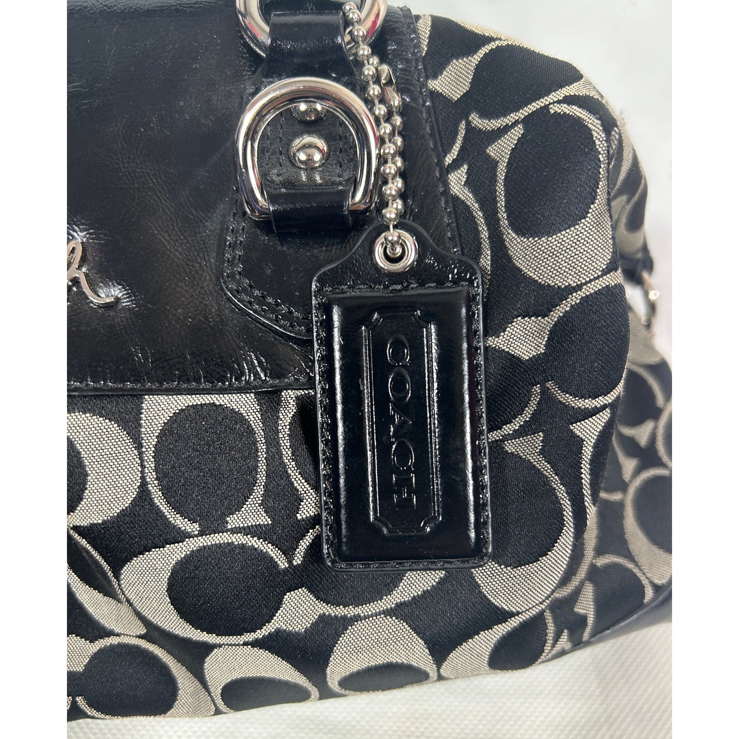 Coach Signature Canvas & Leather Satchel Bag Black Silver Hardware 15″ x 8″