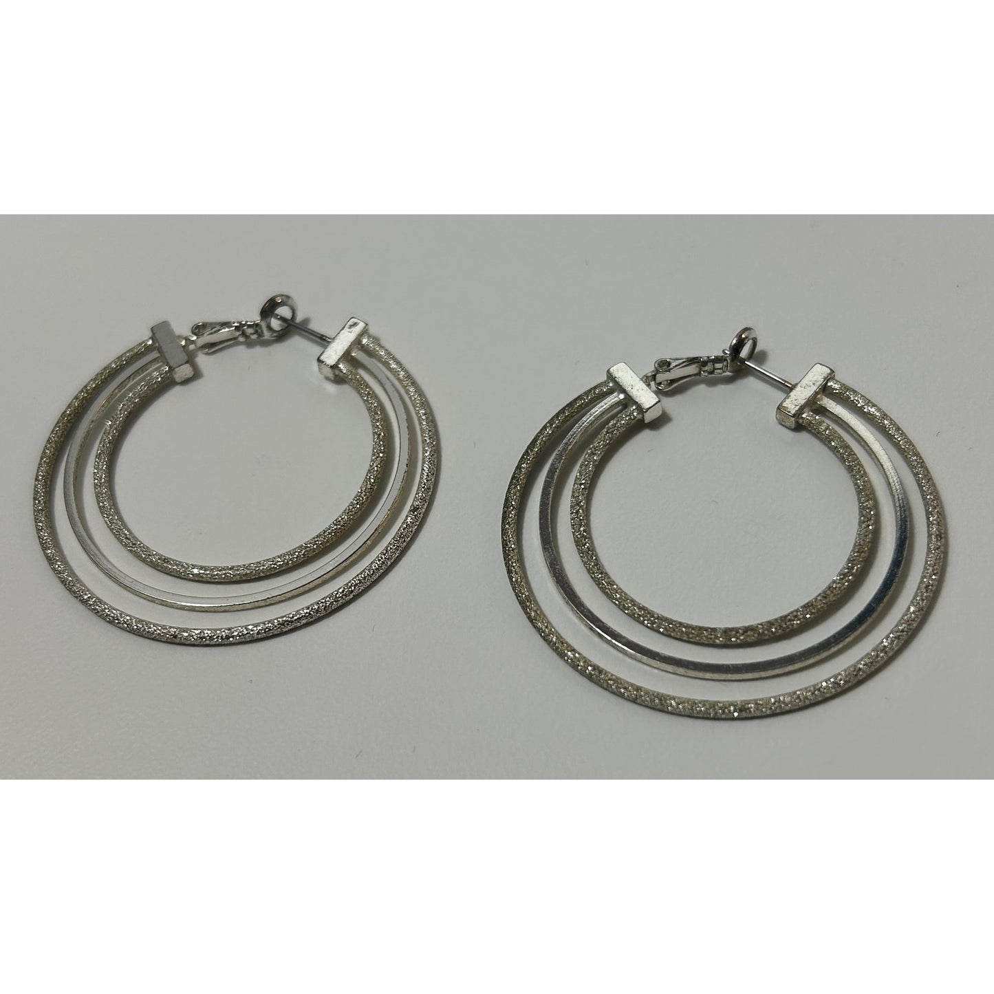 Silver Tone Triple Hoop Earrings Textured & Smooth Interlocking 2"