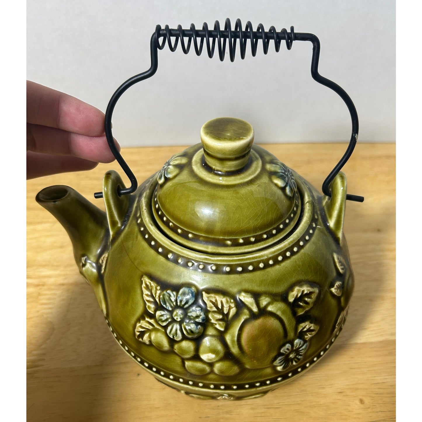 Vintage Royal Sealy Japan Green Ceramic Teapot with Fruit Motif 6.5" Tall