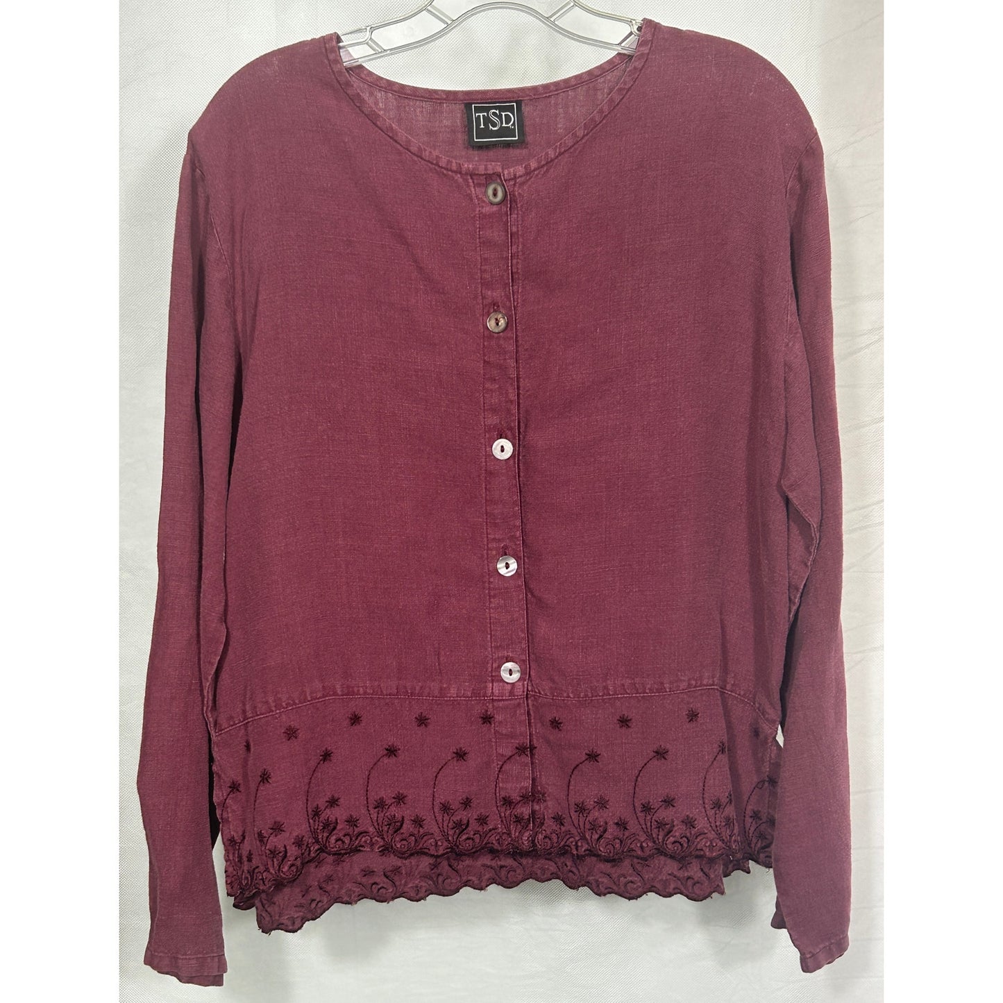 TSD 100% Hemp Button Front Blouse Burgundy Embroidered Hem Women’s M USA Made