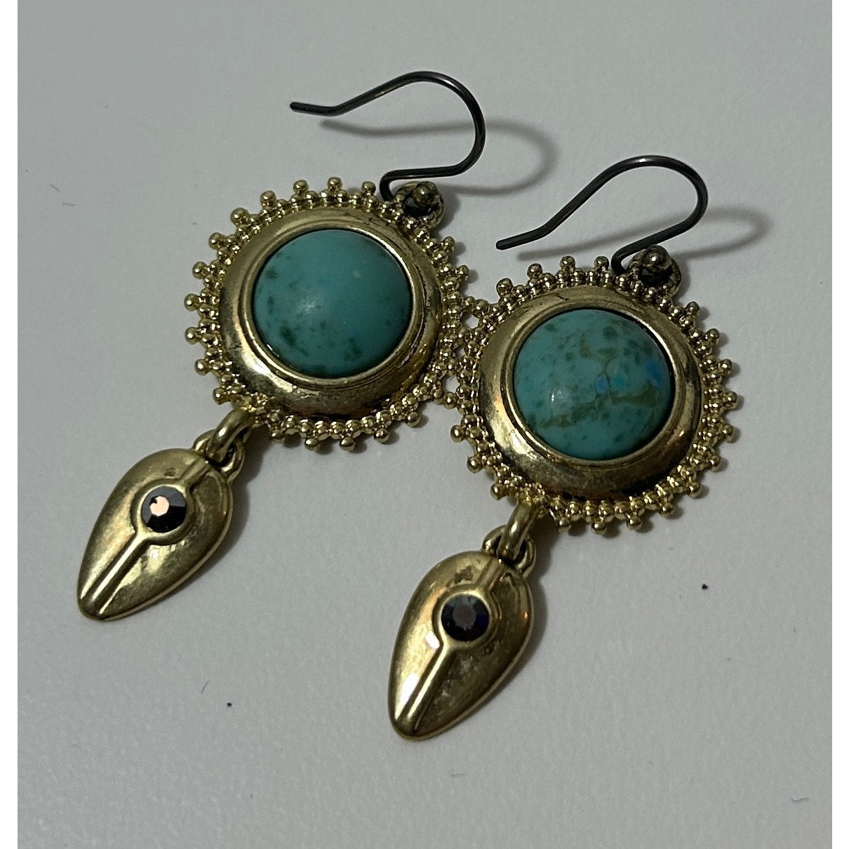 Boho Gold Tone Dangle Earrings with Faux Turquoise and Rhinestone Accent 1.5"