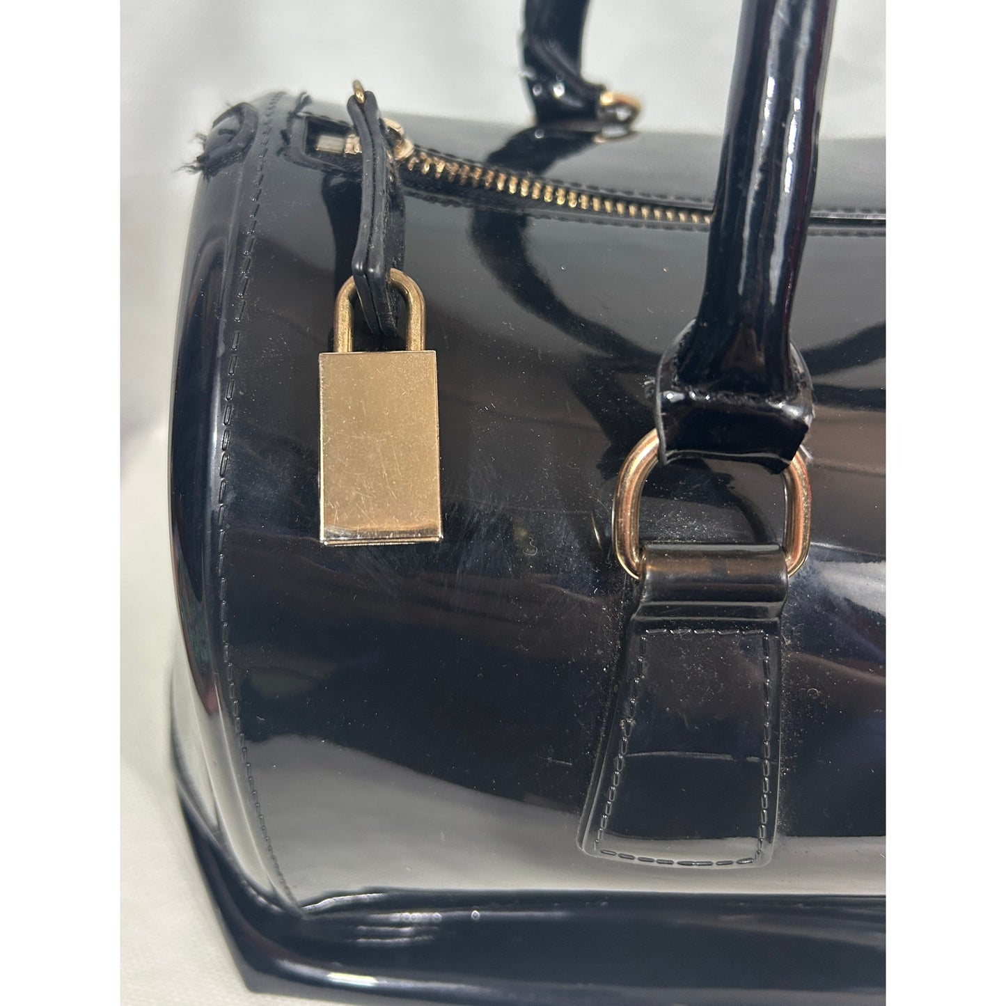 Black Patent Studded Barrel Satchel Bag with Top Handles 12″ x 9″